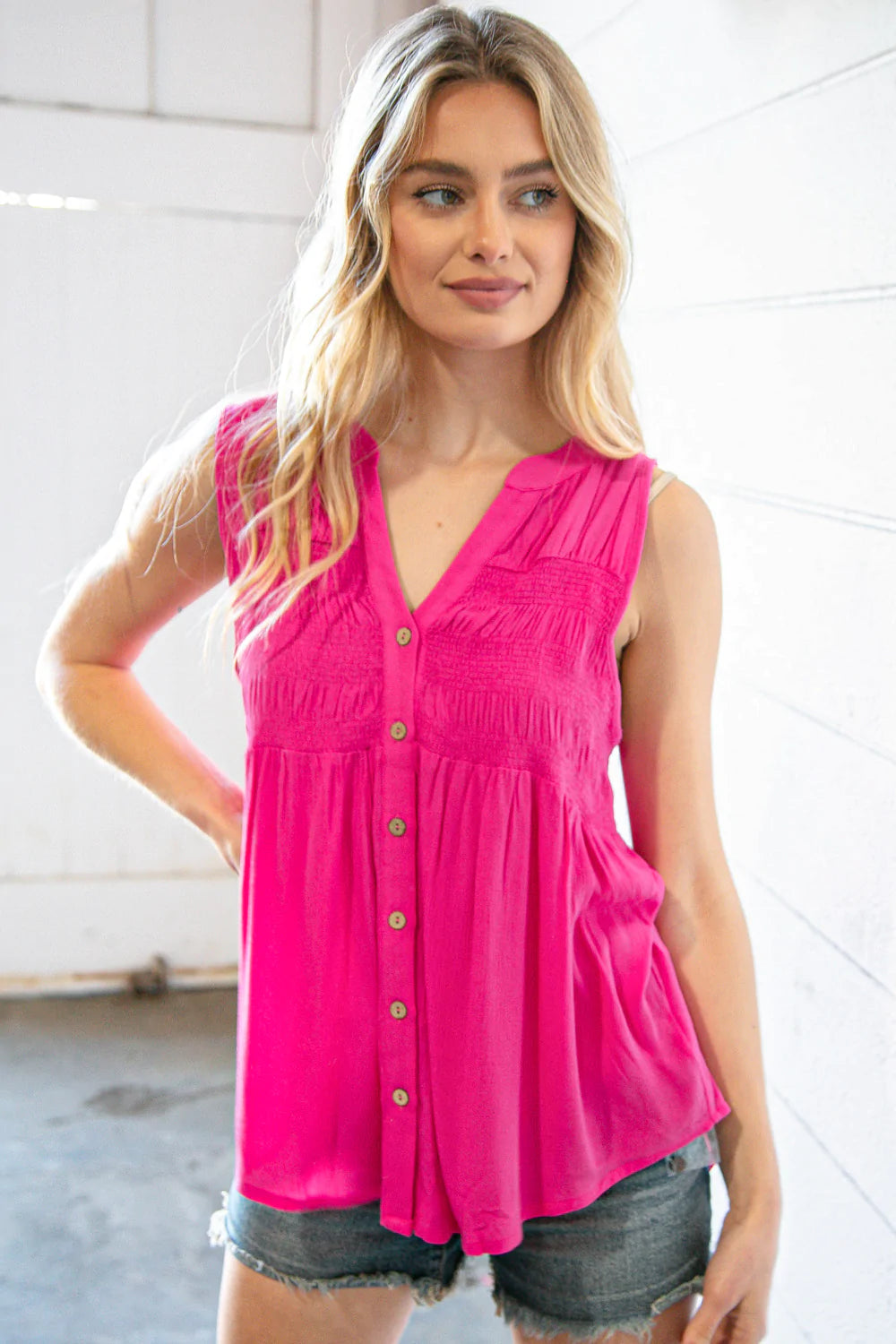 Hot Pink Solid Button-Up Sleeveless Top