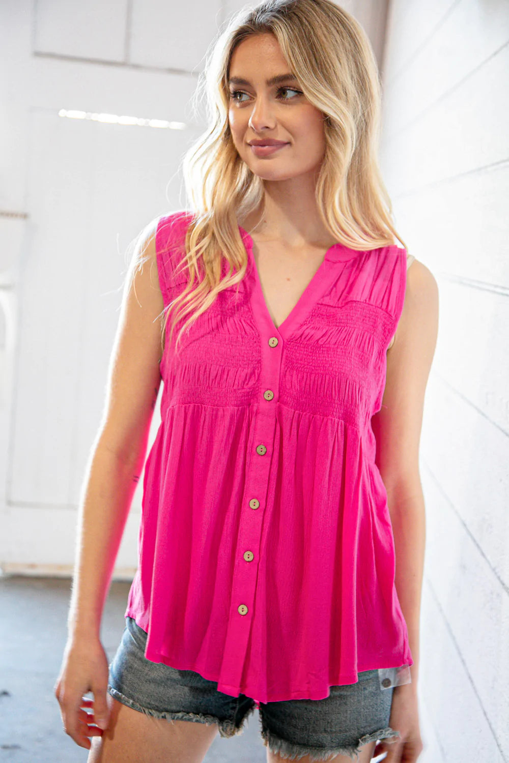 Hot Pink Solid Button-Up Sleeveless Top