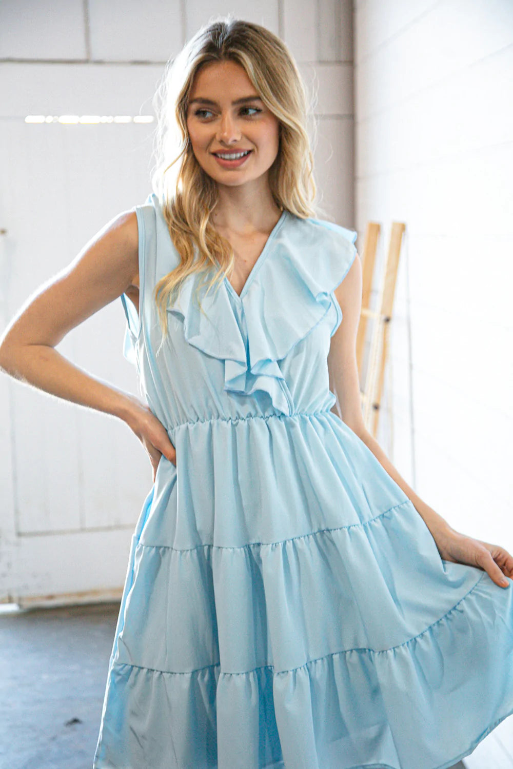 Blue Surplice Tiered Sleeveless Back Bow Woven Dress