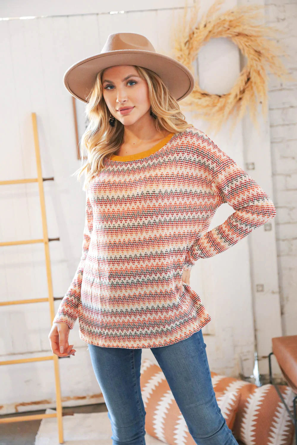 Multicolor Zig Zag Textured Loose Knit Sweater