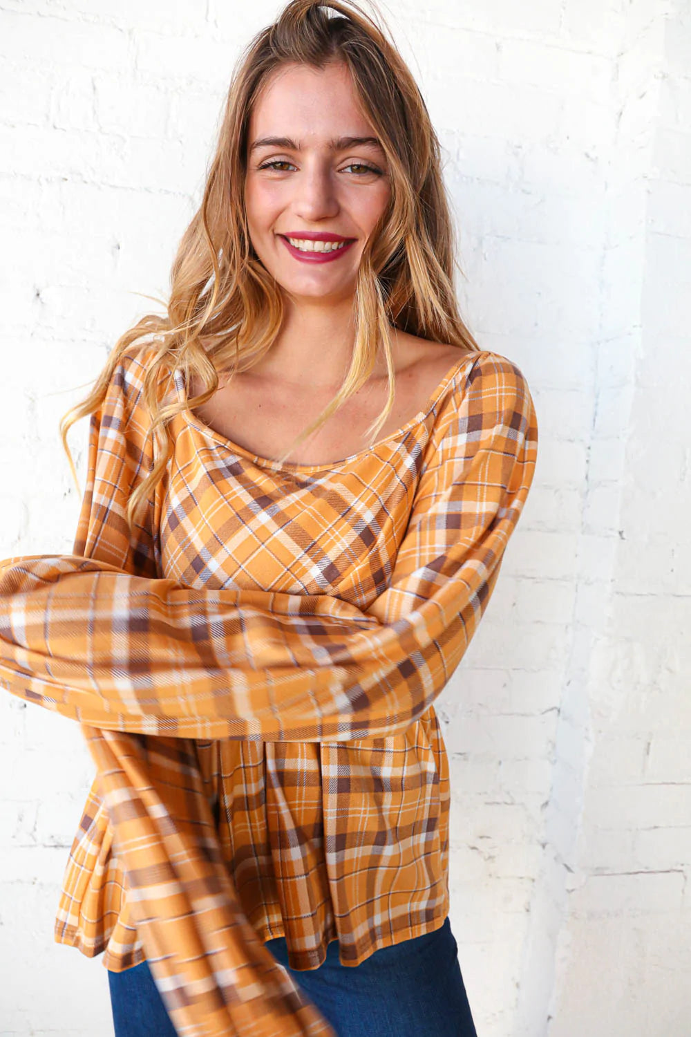 Sunflower Plaid Square Neck Bubble Sleeve Babydoll Top