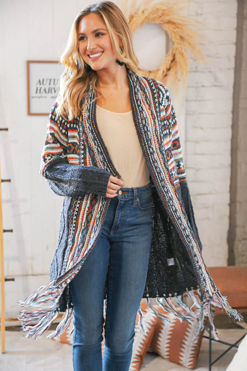 Charcoal Ethnic Fringe Tassel Open Midi Cardigan