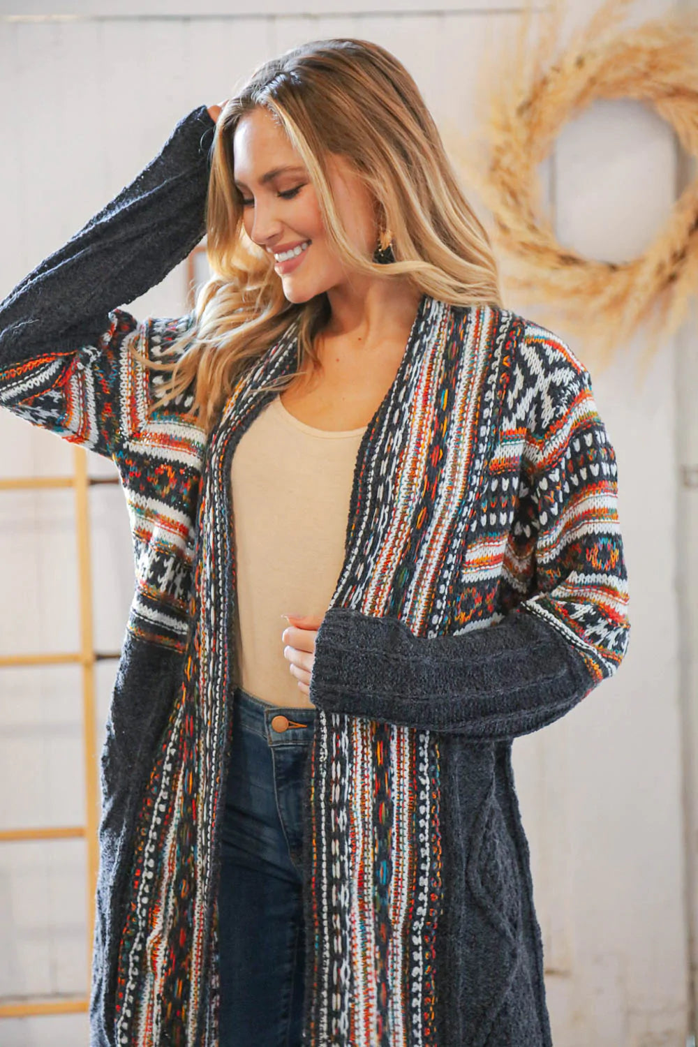 Charcoal Ethnic Fringe Tassel Open Midi Cardigan