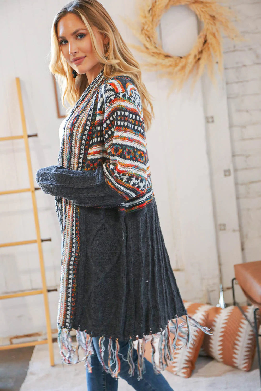 Charcoal Ethnic Fringe Tassel Open Midi Cardigan