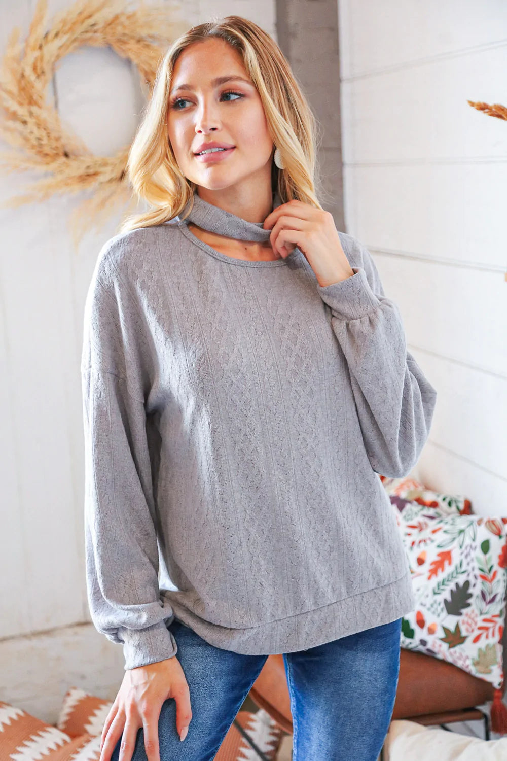 Grey Peek-A-Boo Pointelle Soft Knit Choker Top