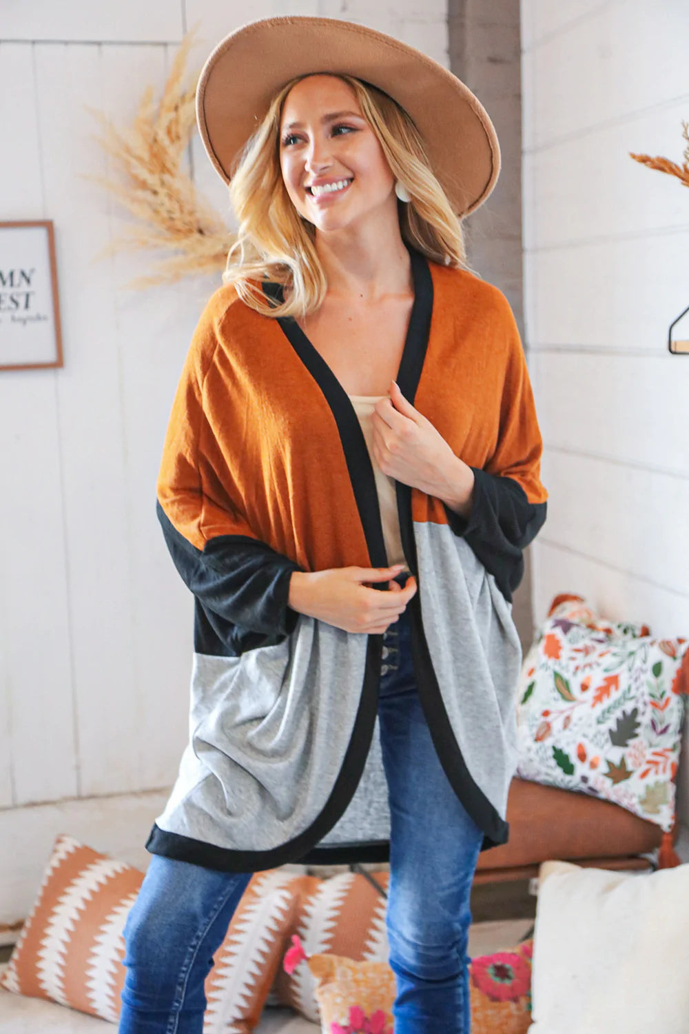 Hacci Color Block Dolman Sleeve Open Cardigan