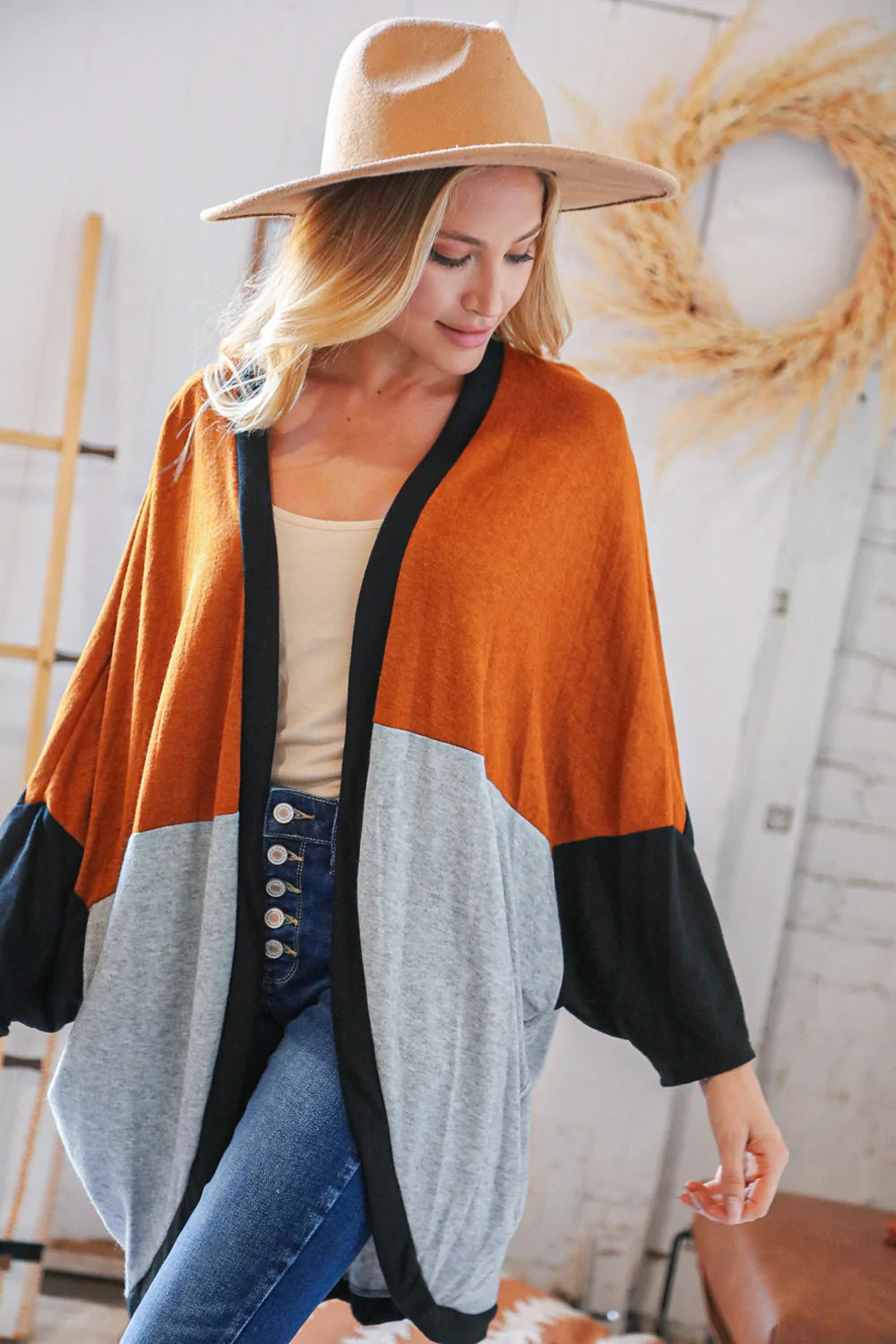 Hacci Color Block Dolman Sleeve Open Cardigan