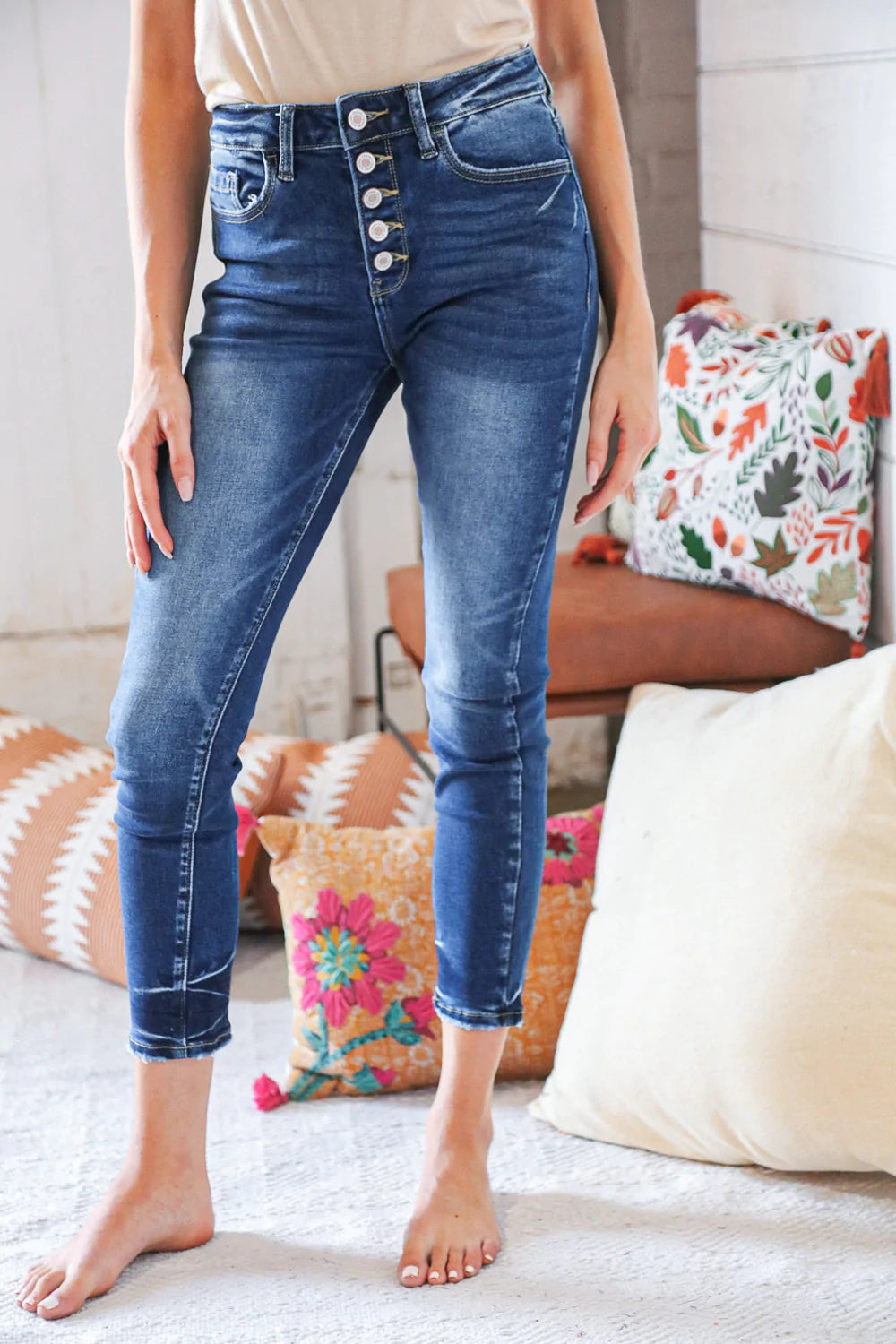 Blue Denim High Rise Button Fly Ankle Jeans