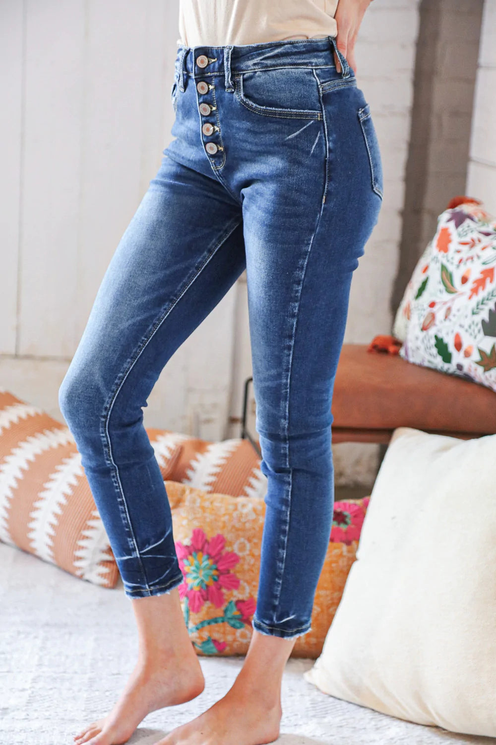 Blue Denim High Rise Button Fly Ankle Jeans