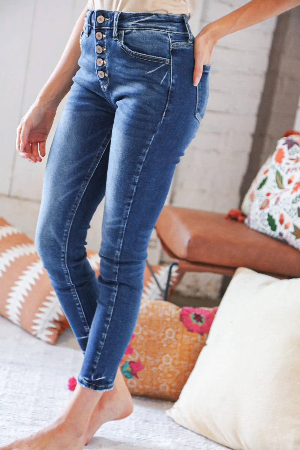 Blue Denim High Rise Button Fly Ankle Jeans