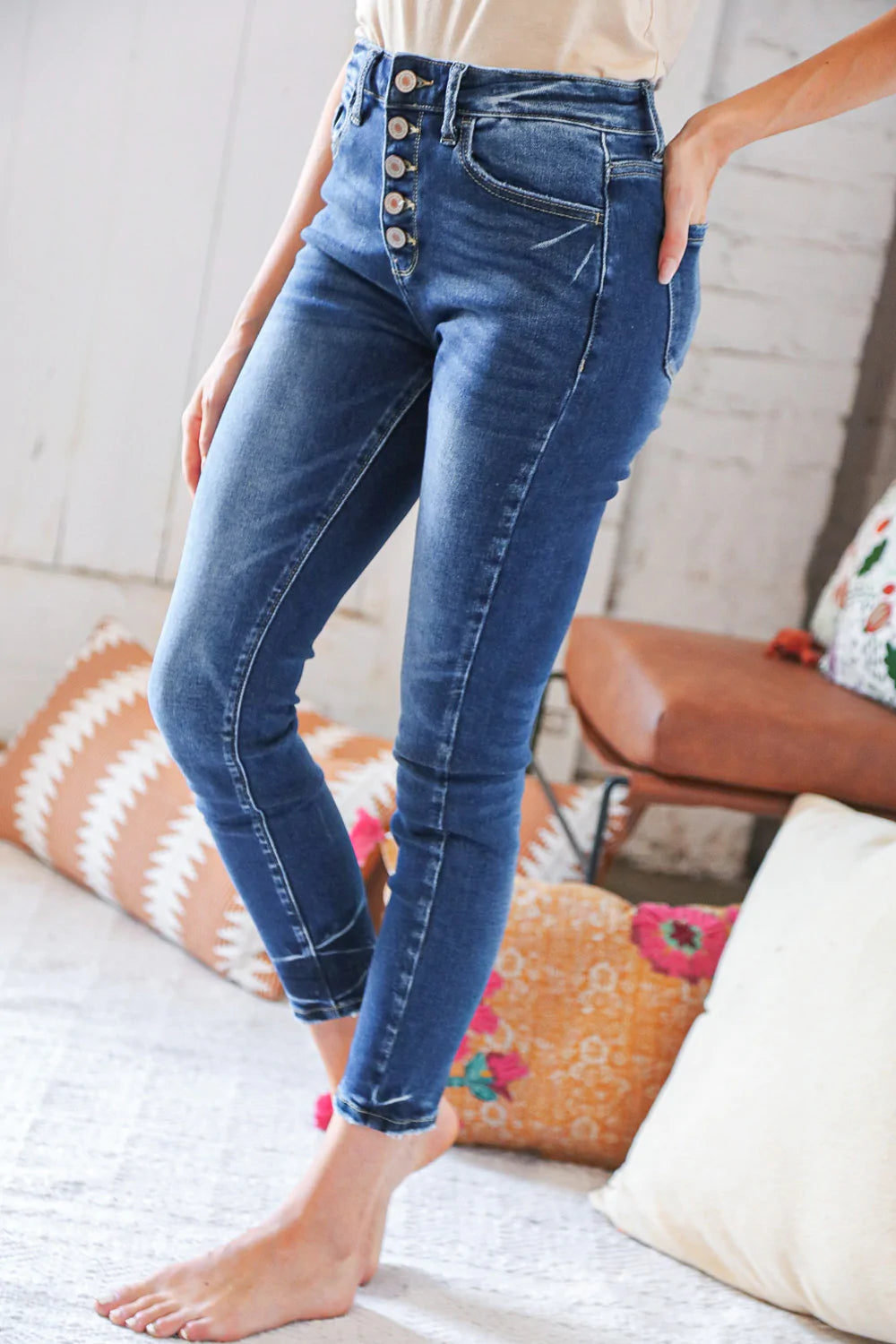 Blue Denim High Rise Button Fly Ankle Jeans