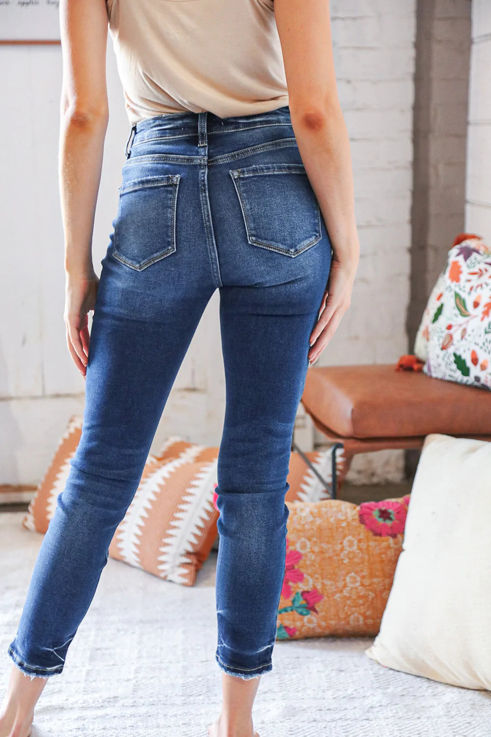 Blue Denim High Rise Button Fly Ankle Jeans