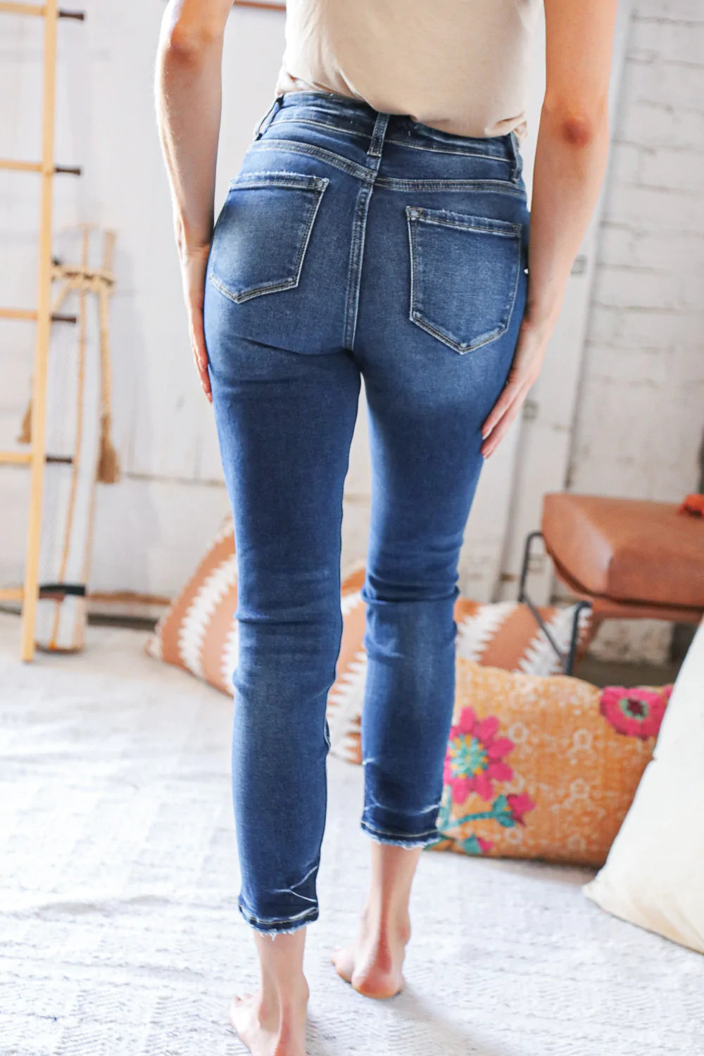 Blue Denim High Rise Button Fly Ankle Jeans