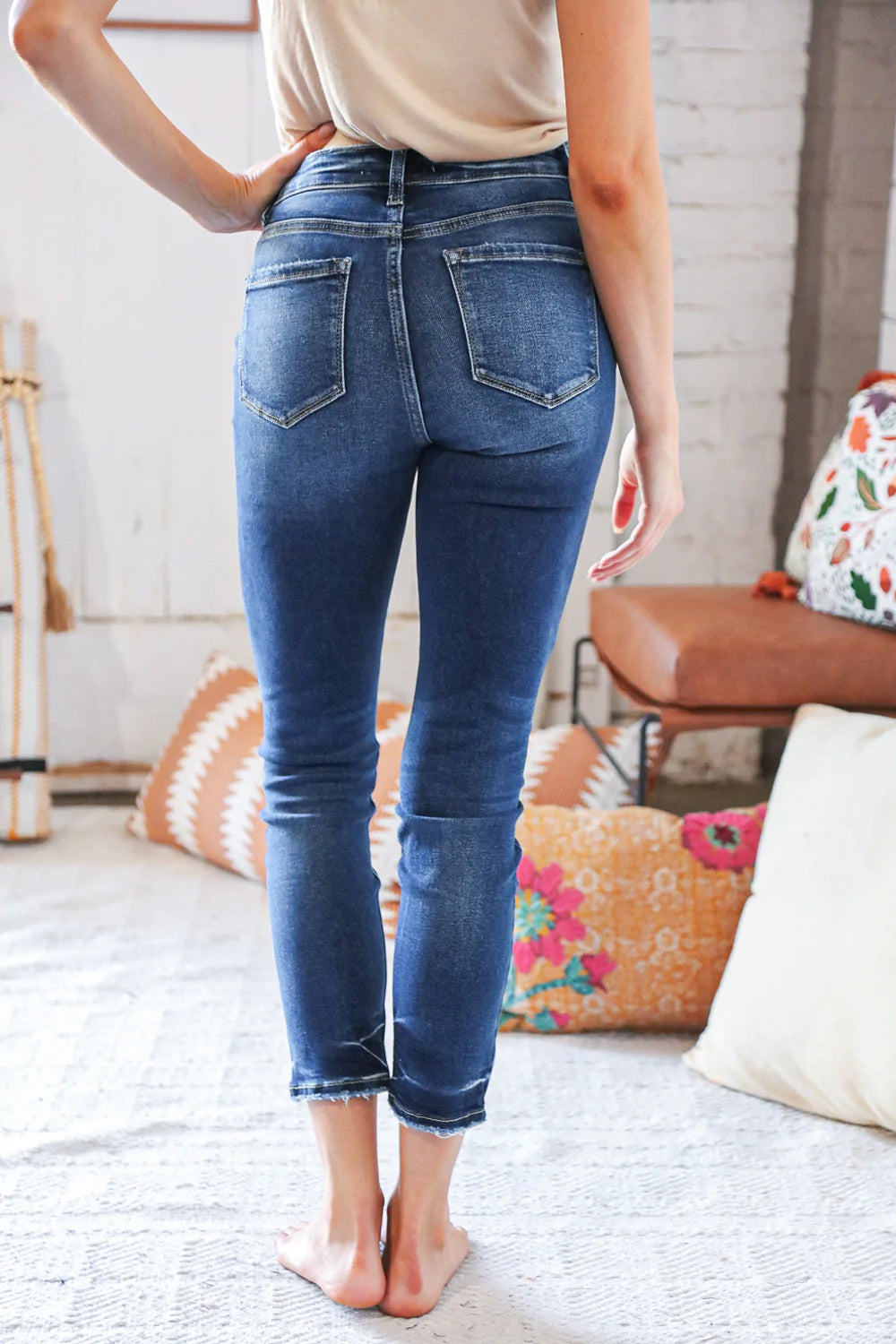 Blue Denim High Rise Button Fly Ankle Jeans