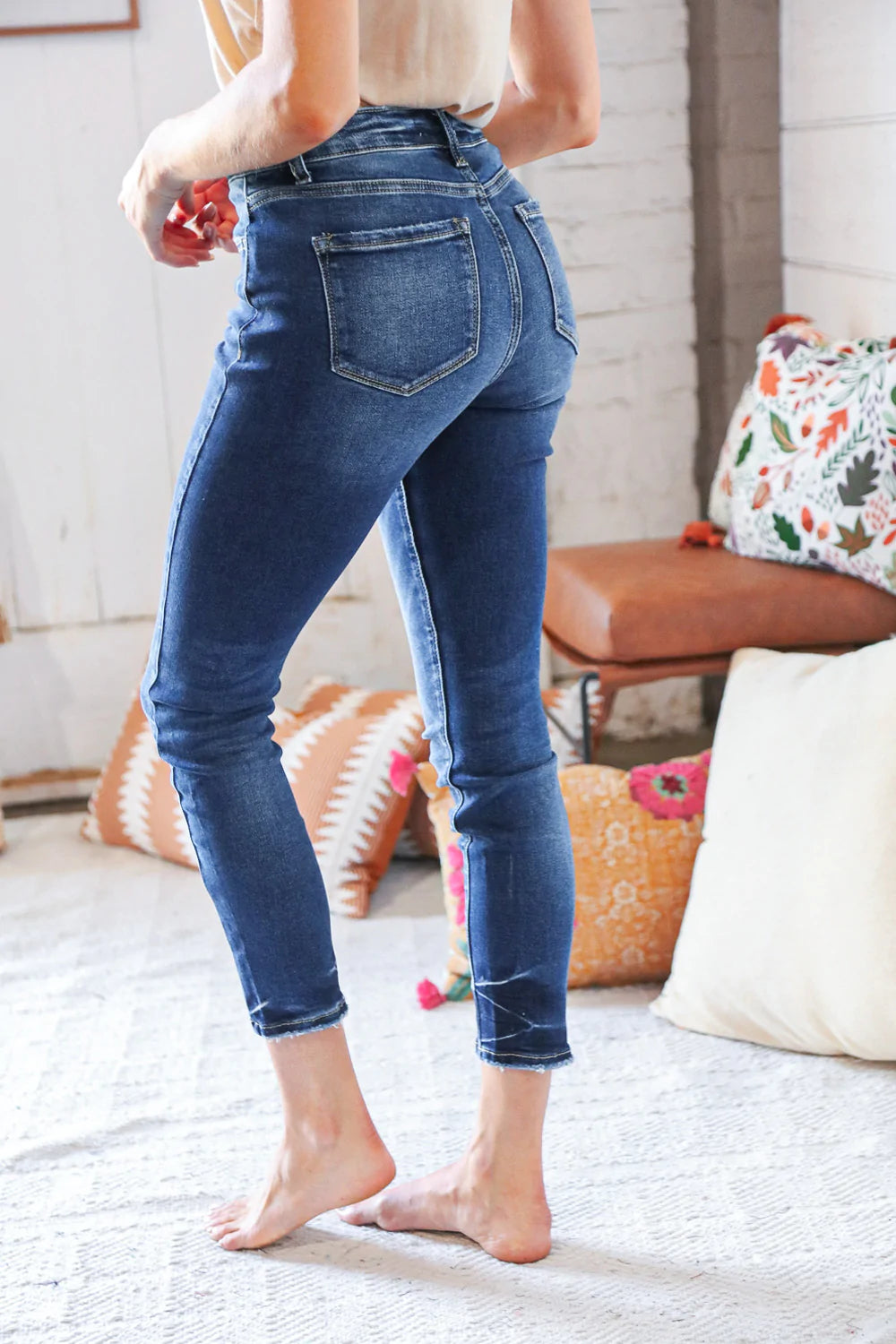 Blue Denim High Rise Button Fly Ankle Jeans