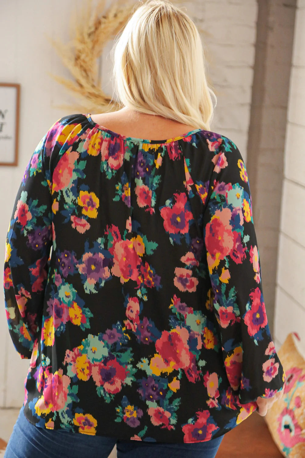 Black Multicolor Floral Keyhole Wool Dobby Top