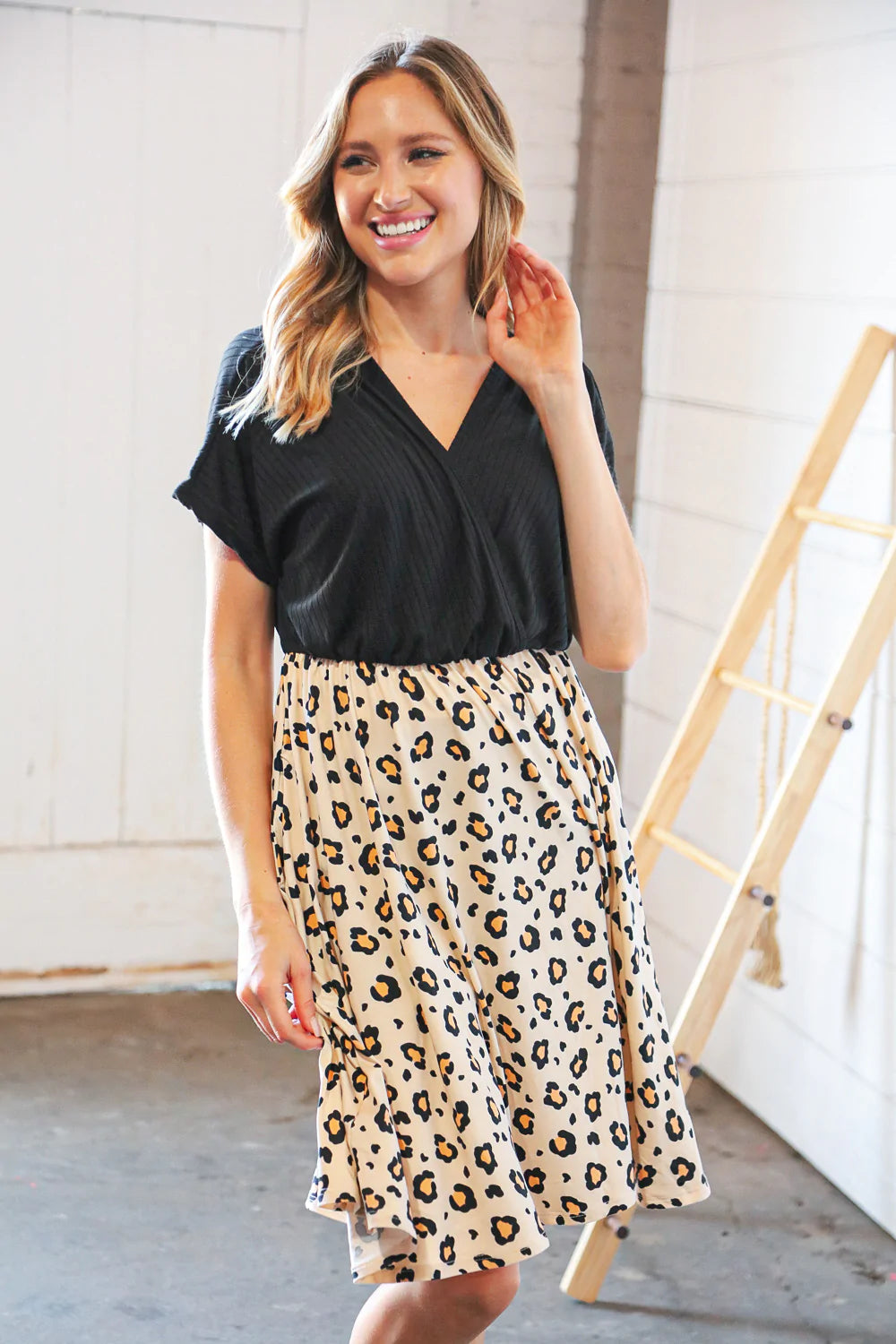 Black Rib Surplice Two Fer Leopard Dress