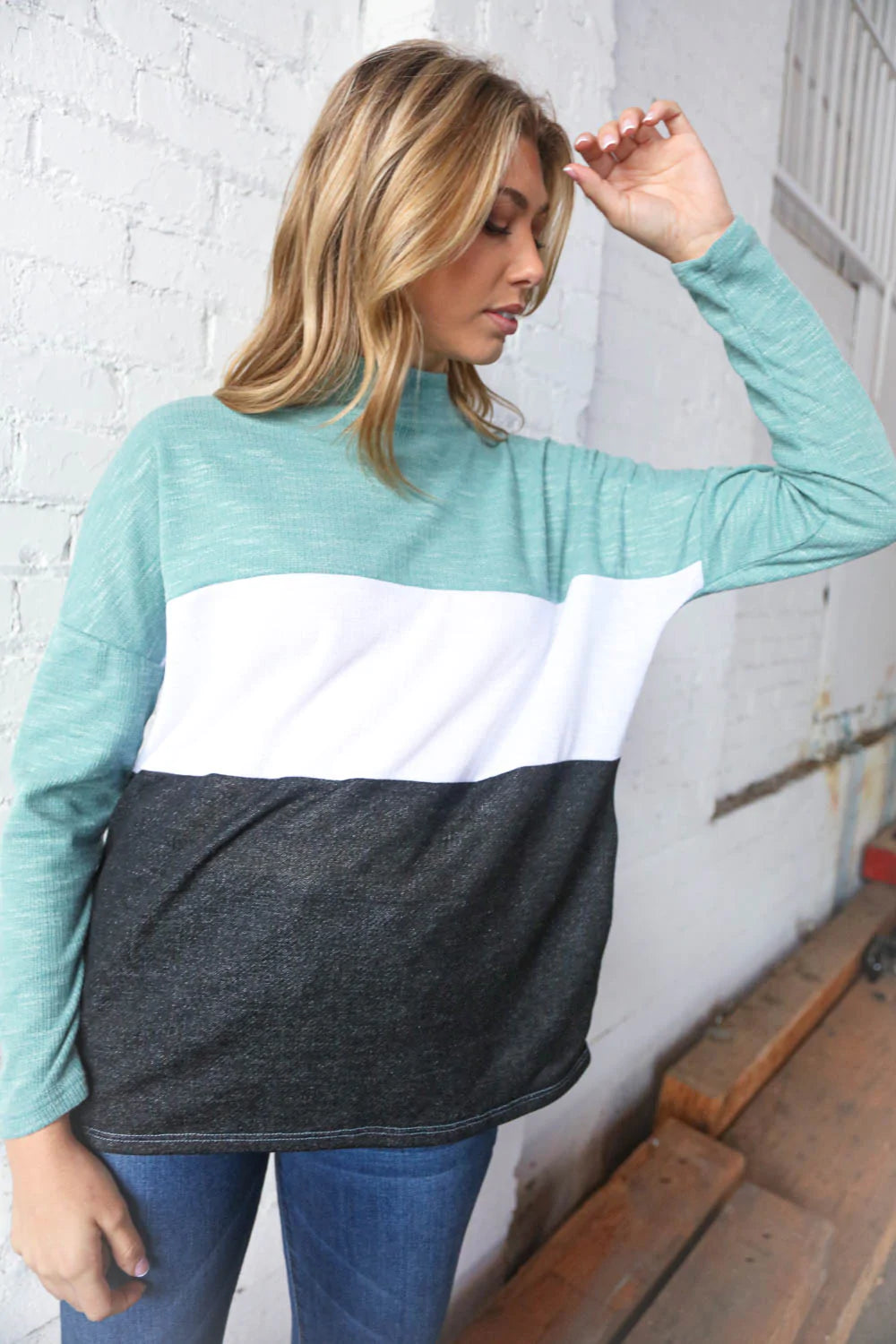 Teal Color Block Mock Neck Side Pocket Top