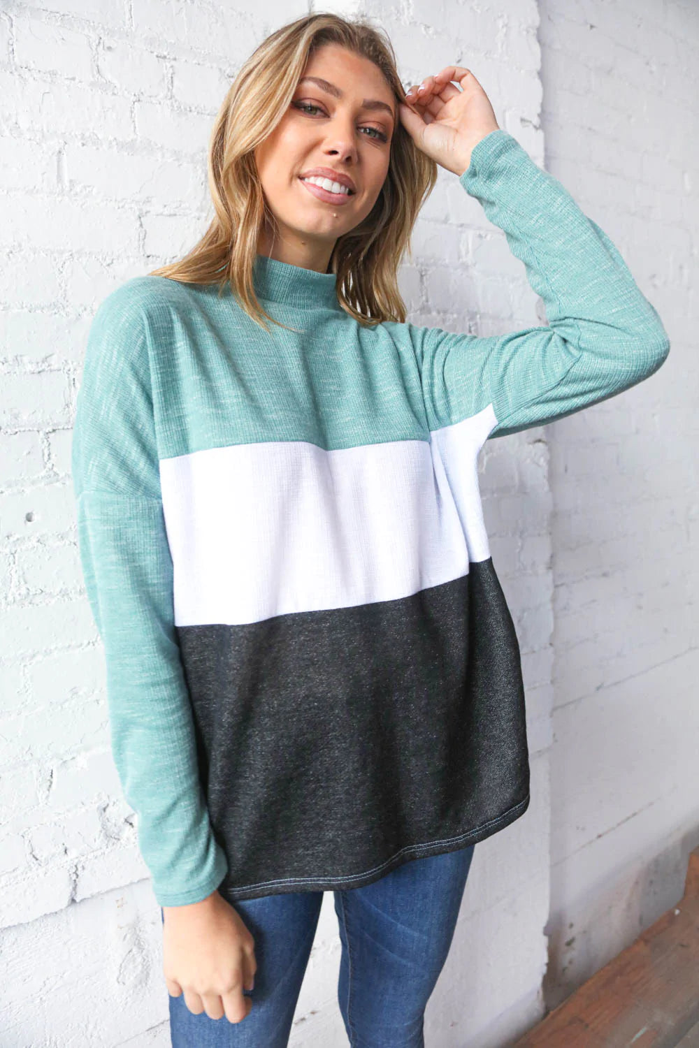 Teal Color Block Mock Neck Side Pocket Top