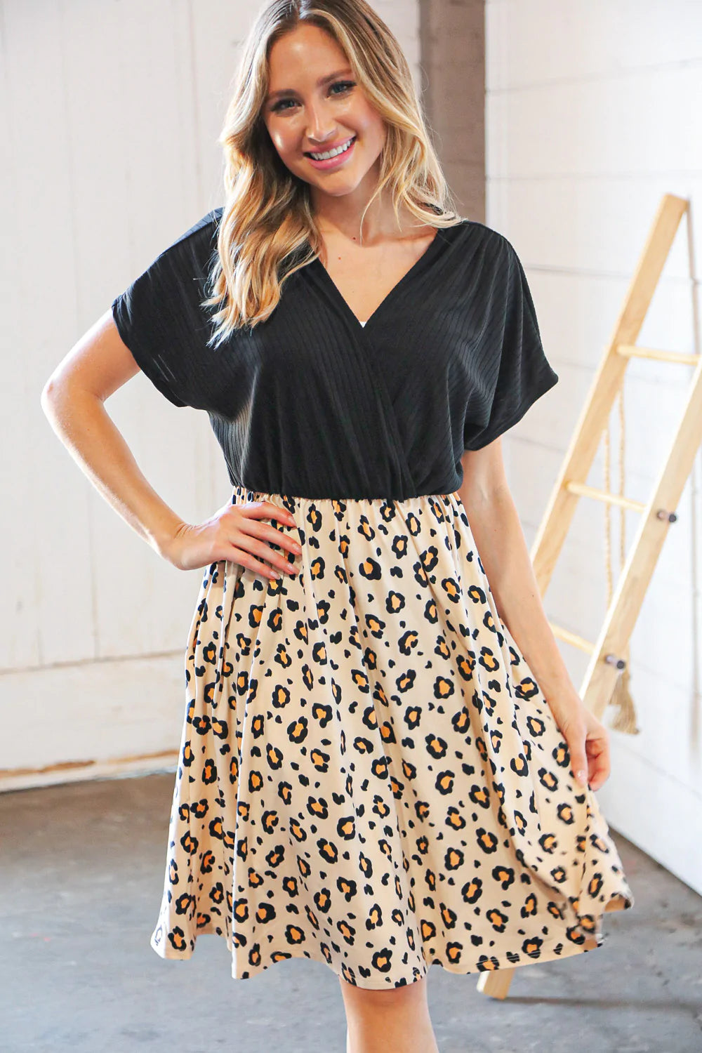 Black Rib Surplice Two Fer Leopard Dress