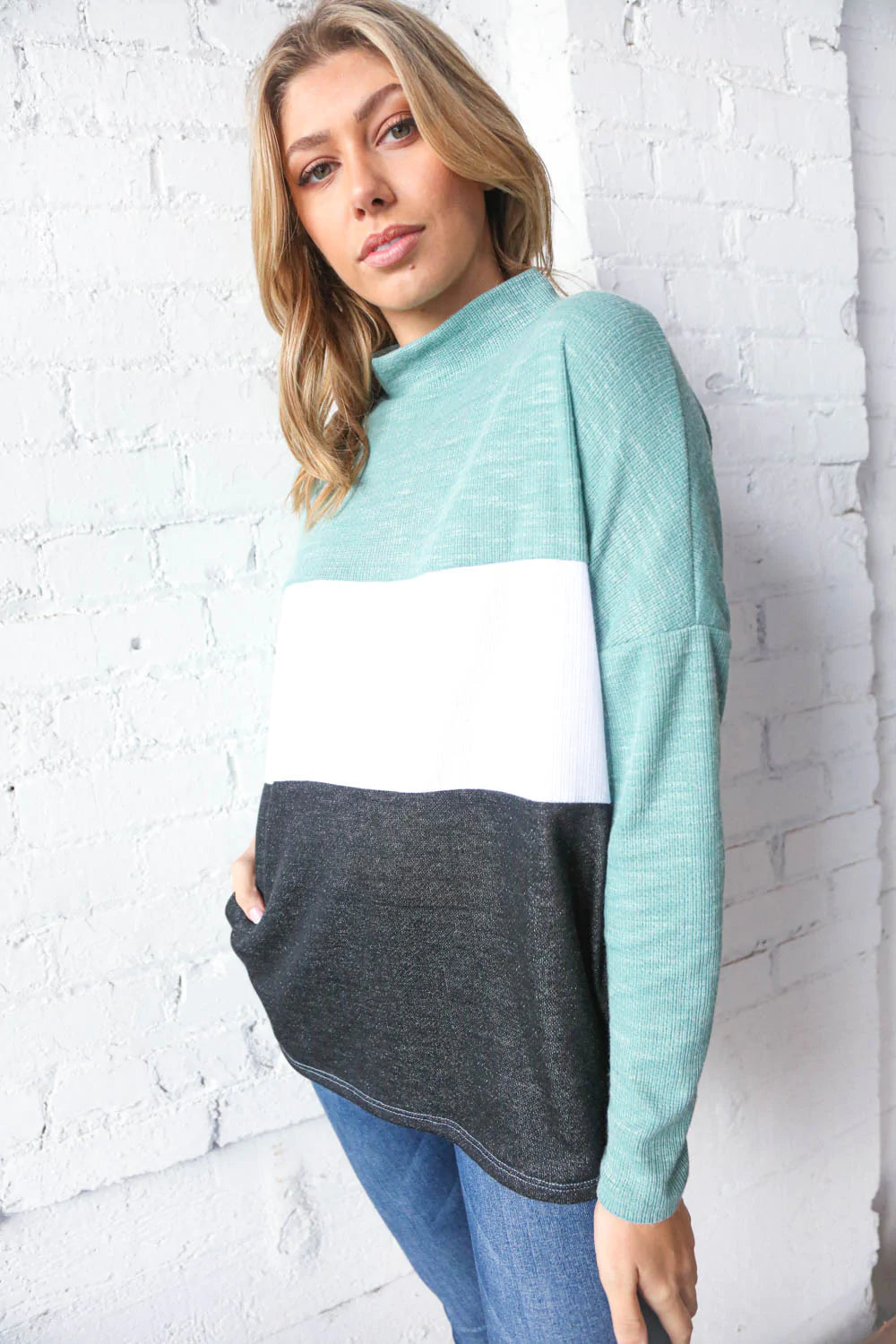 Teal Color Block Mock Neck Side Pocket Top