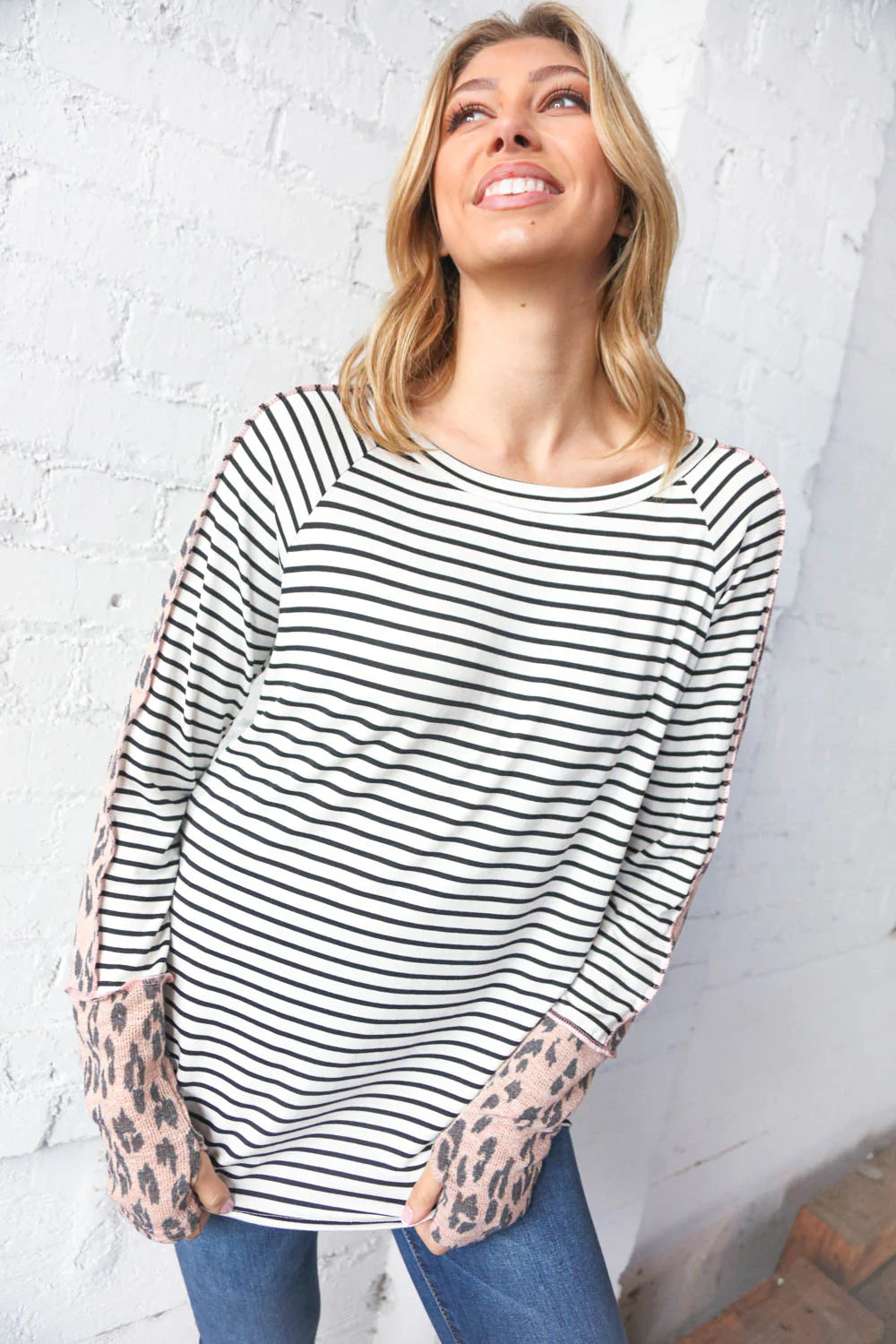 Leopard & Stripe Outseam Thumbhole Raglan Top