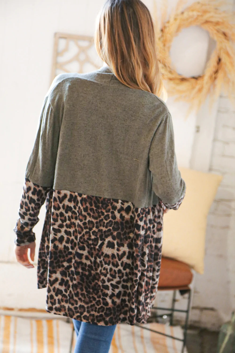 Olive Hacci Animal Print Colorblock Open Cardigan