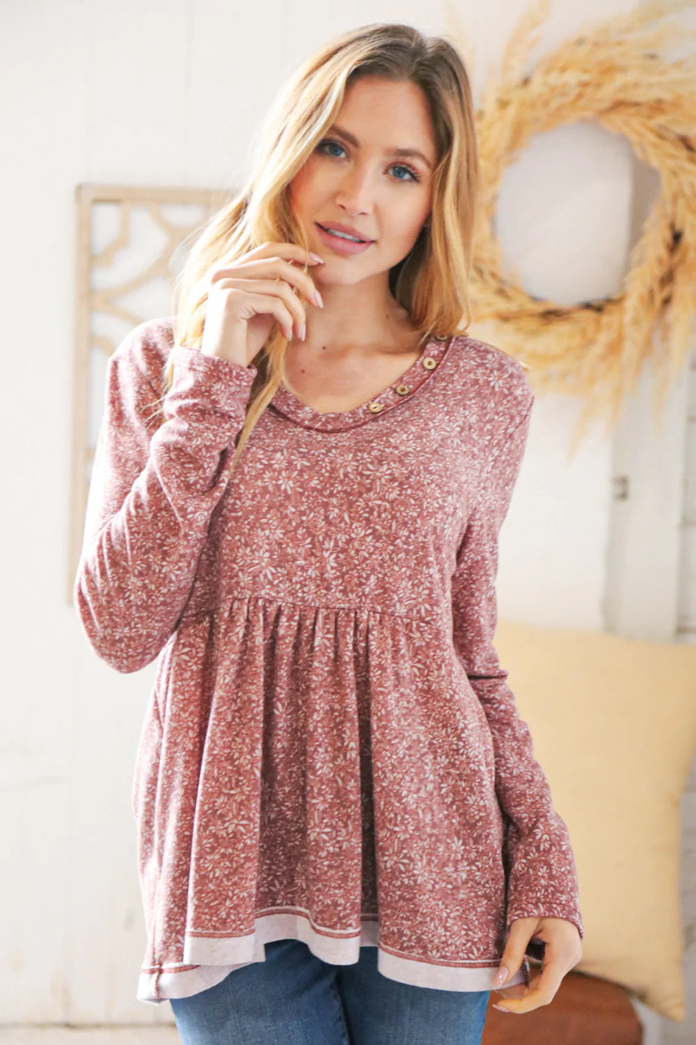 Light Rust Floral V Neck Button Babydoll Top