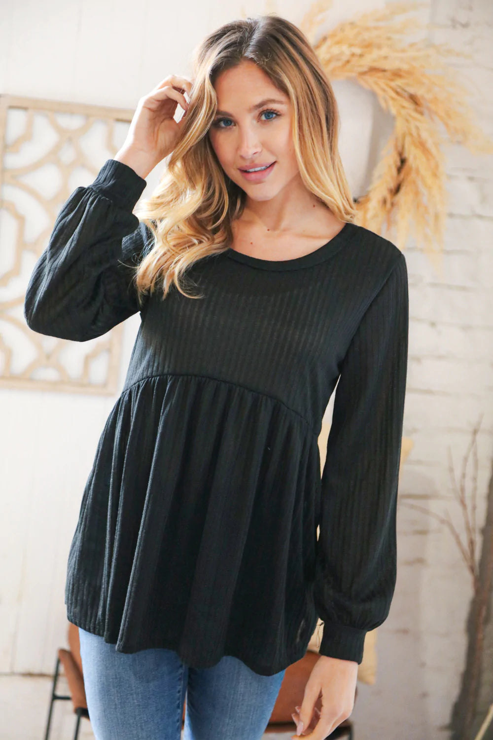 Black Rib Babydoll Bubble Sleeve Top