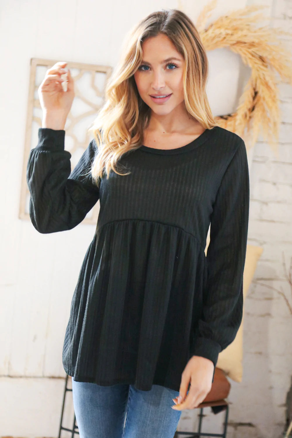 Black Rib Babydoll Bubble Sleeve Top