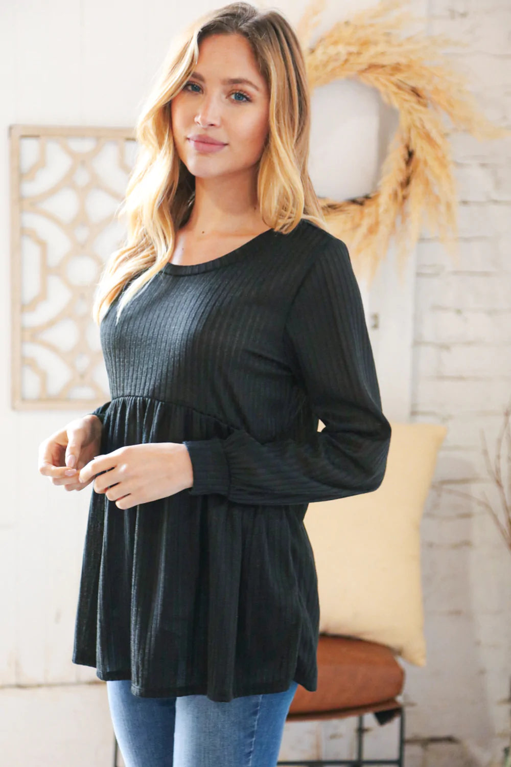 Black Rib Babydoll Bubble Sleeve Top