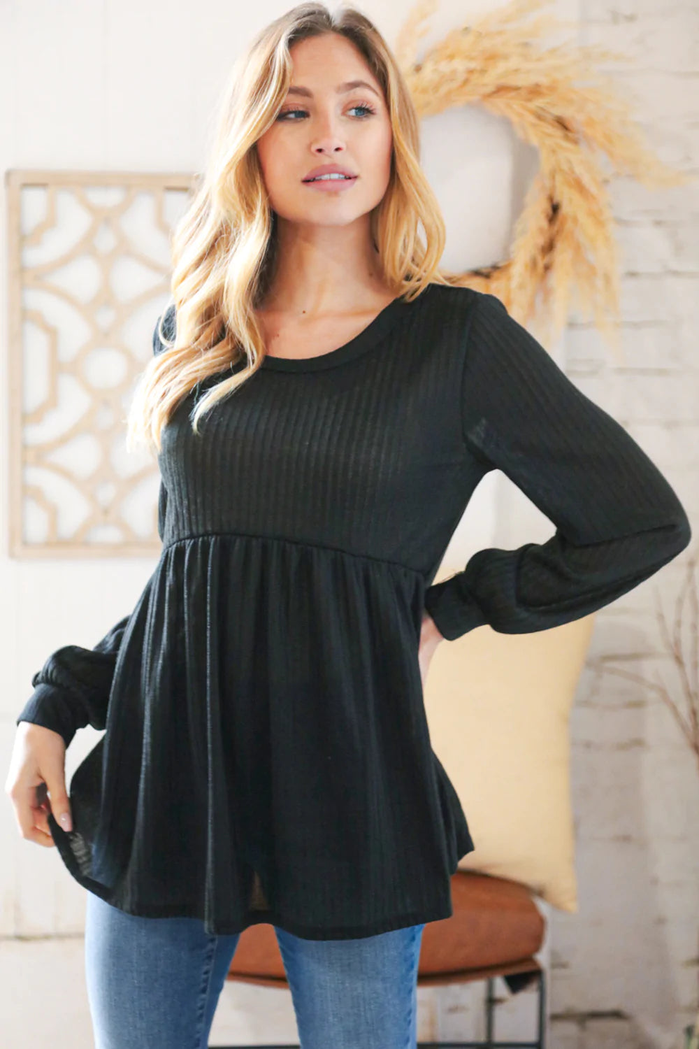 Black Rib Babydoll Bubble Sleeve Top