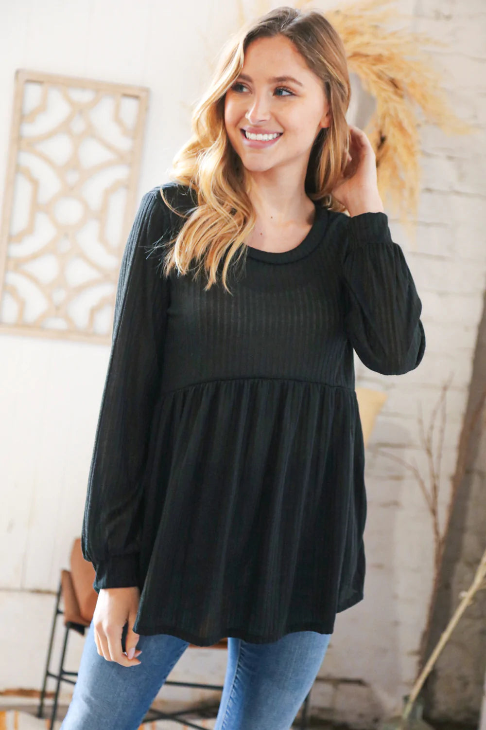 Black Rib Babydoll Bubble Sleeve Top