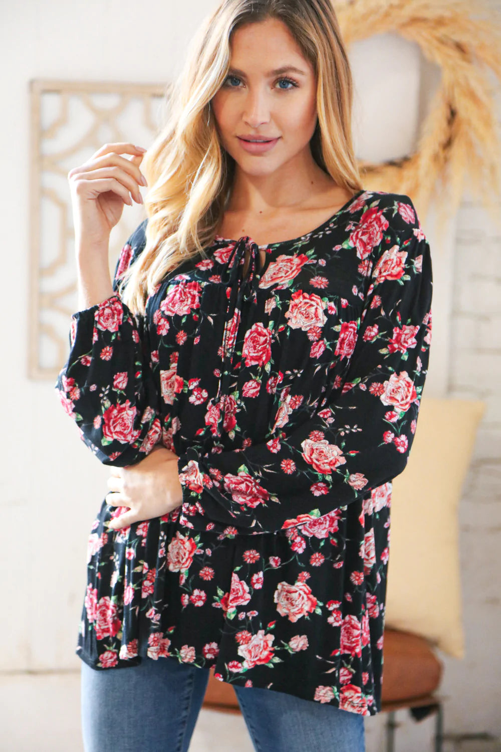 Black & Rose Floral Yoke Tie String Top