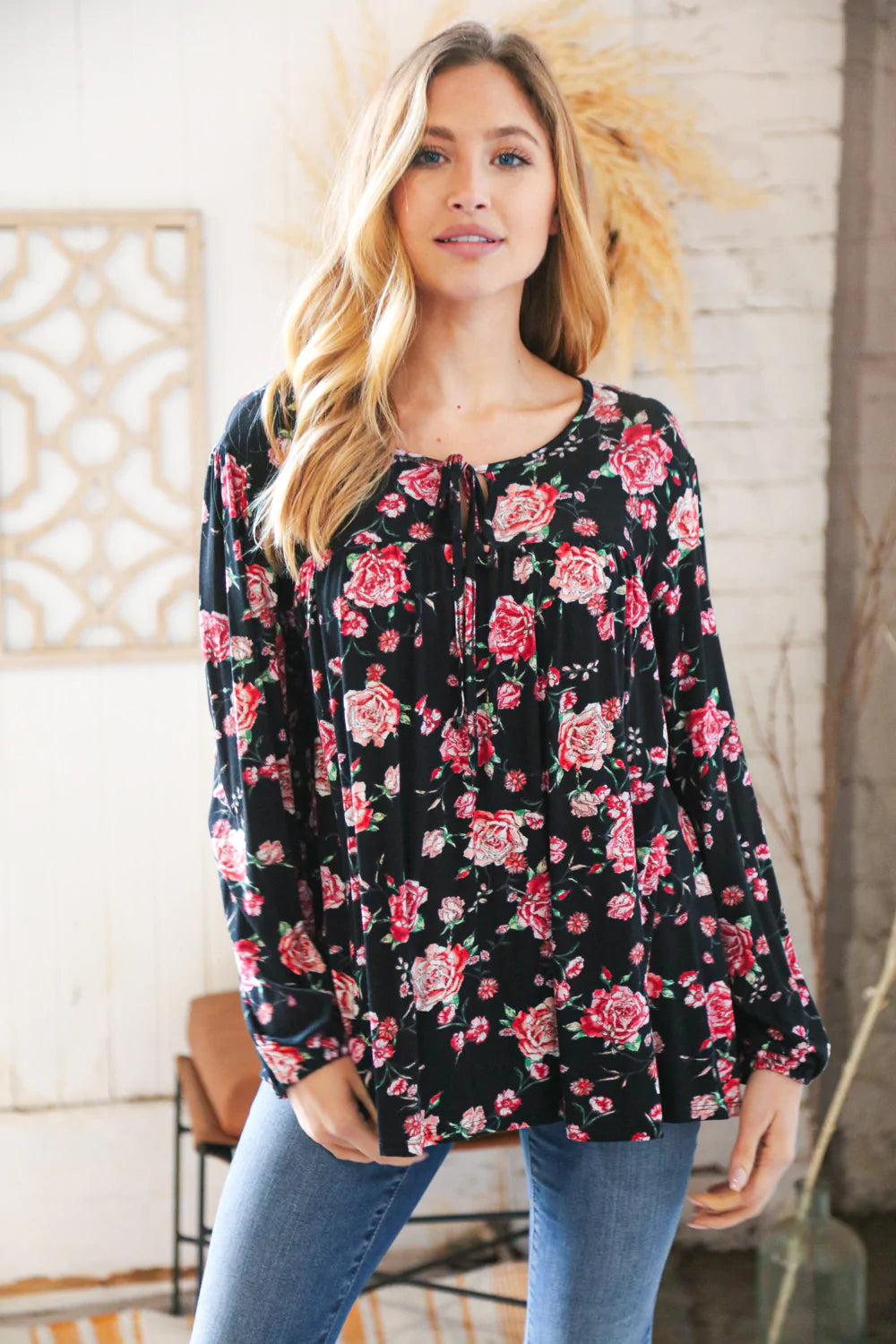 Black & Rose Floral Yoke Tie String Top