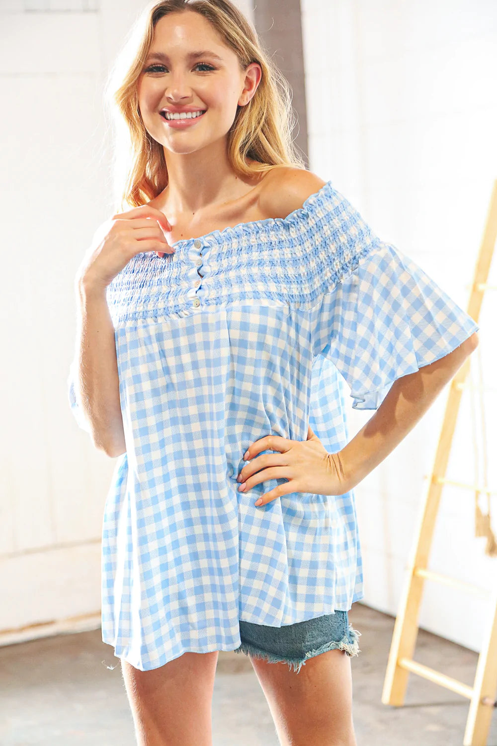 Blue Gingham Smocked Button Detail Off Shoulder Top