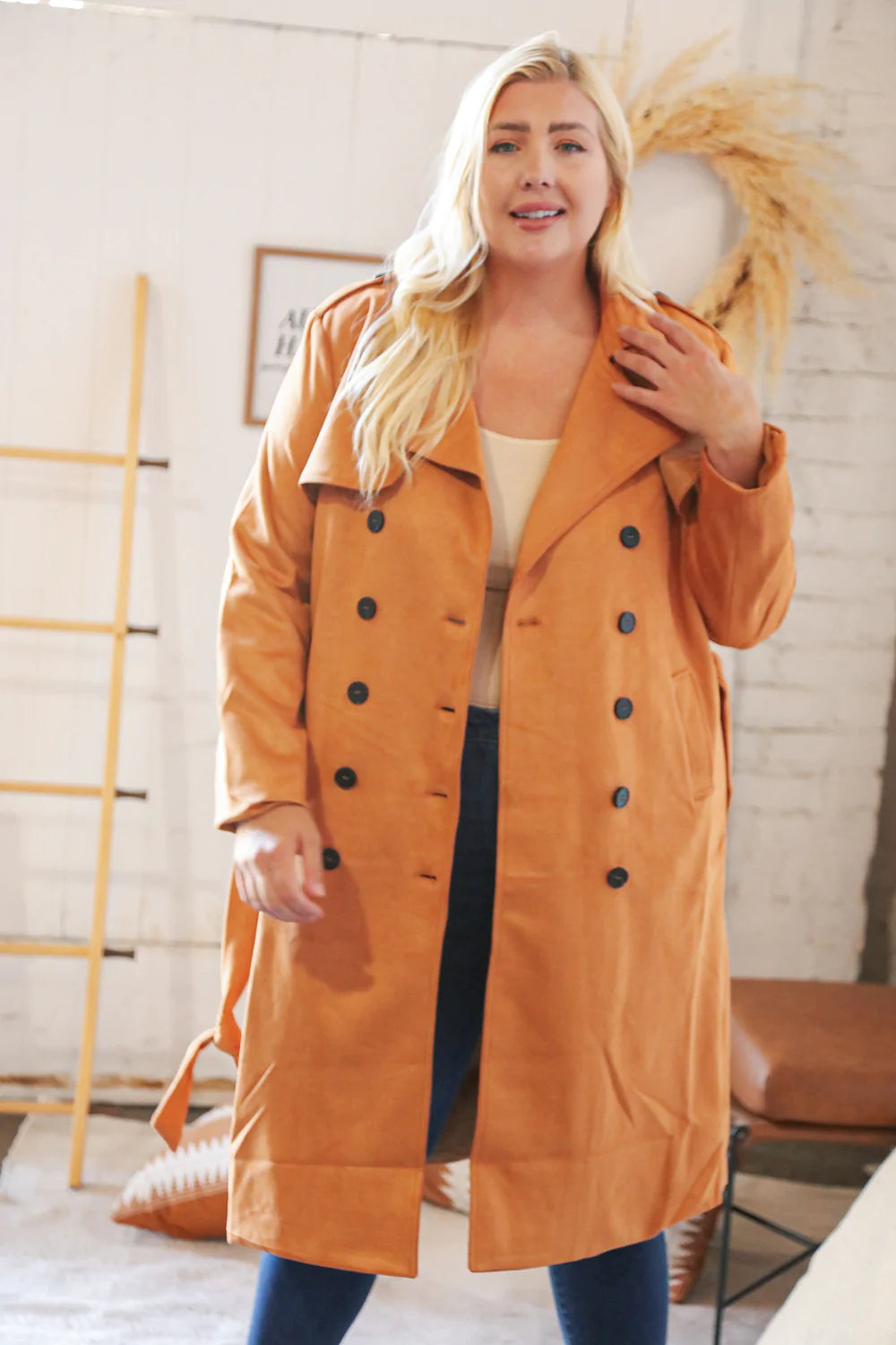 Rust Suede Double Breasted Belted Trench Coat