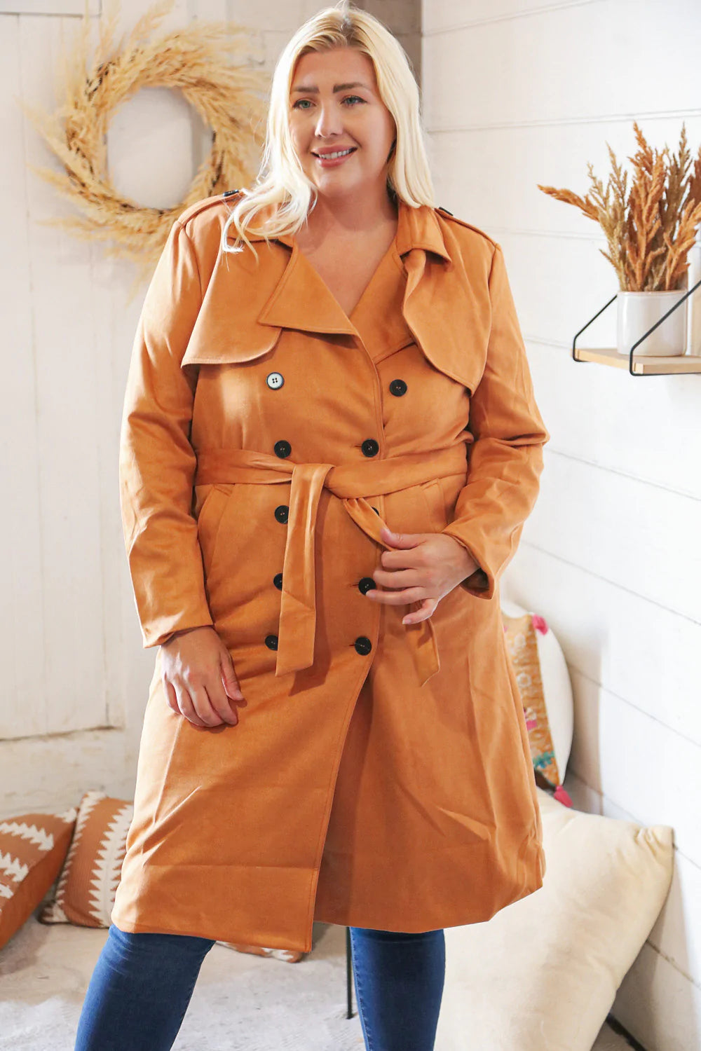 Rust Suede Double Breasted Belted Trench Coat