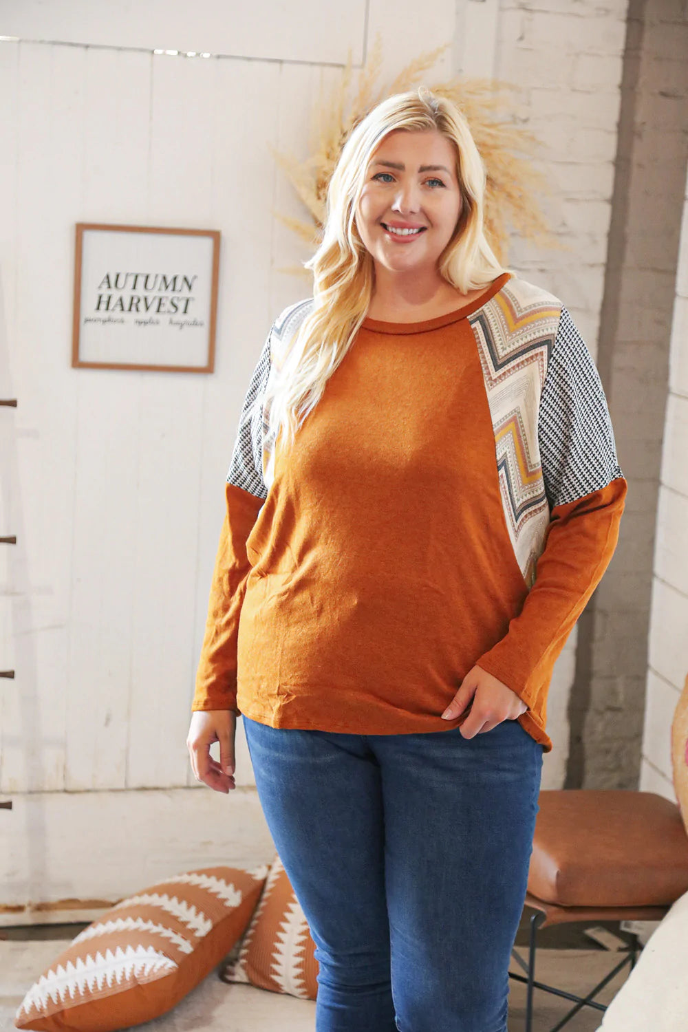 Rust Two-Tone Hacci Chevron Dolman Sweater Top