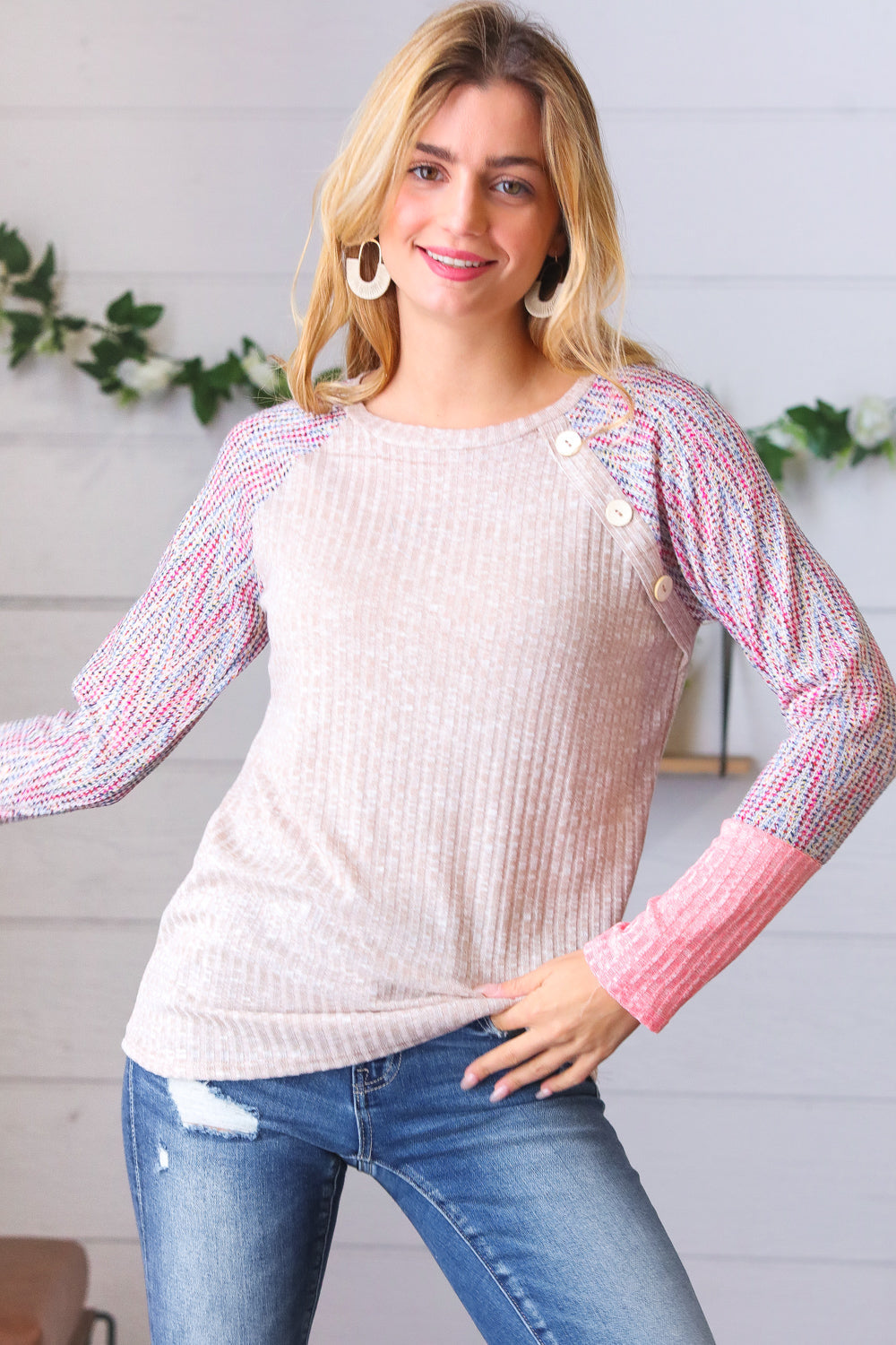 Taupe Two Tone Rib Chevron Button Raglan Top