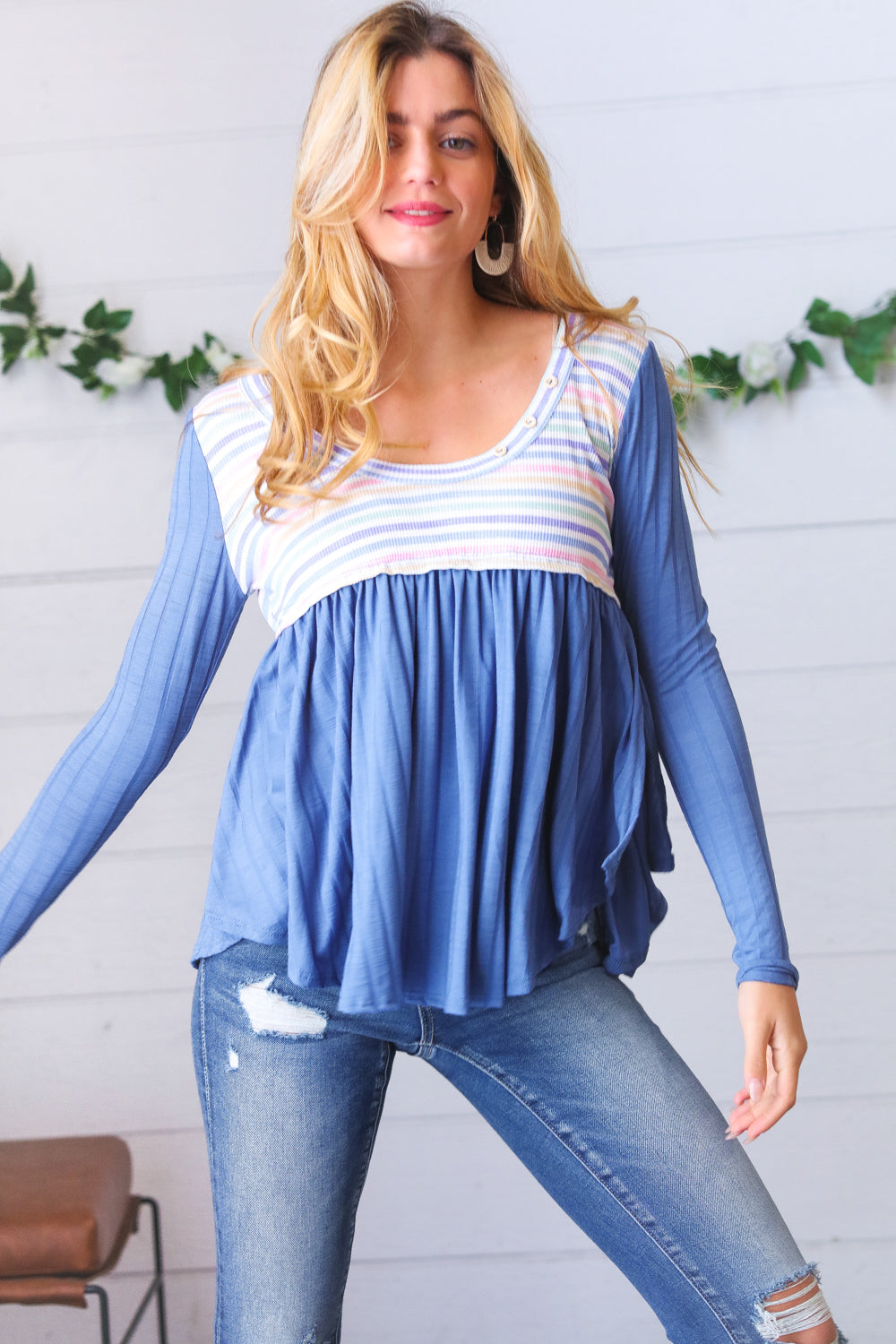 Multicolor Stripe Rib Knit V Neck Babydoll Top