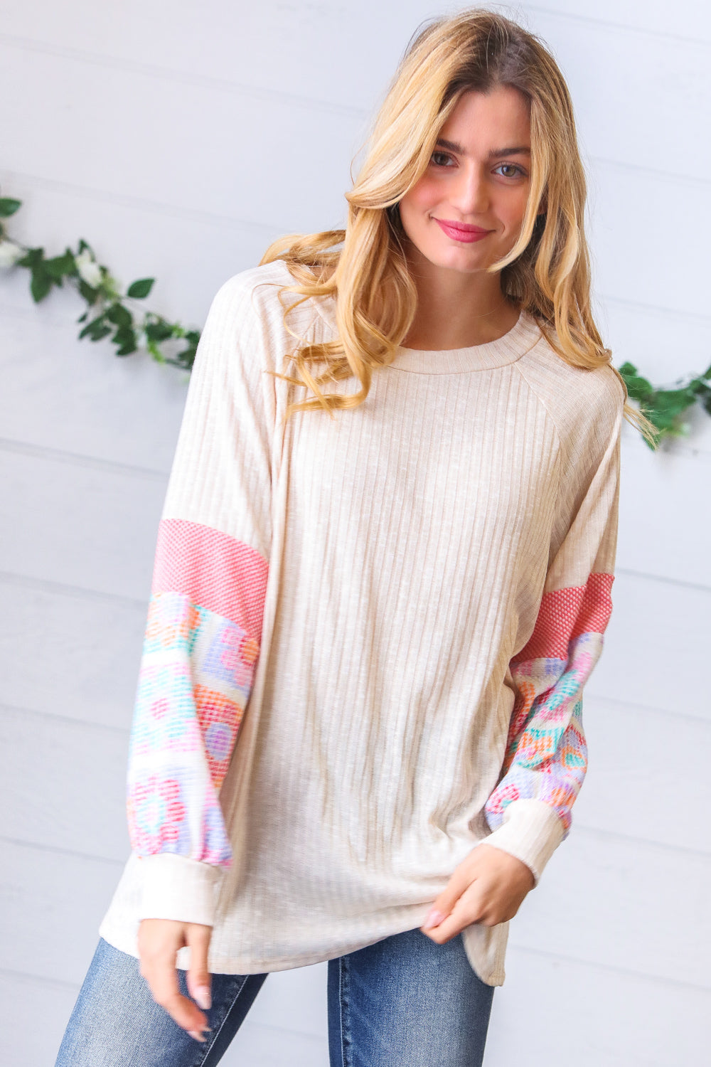 Oatmeal Two-Tone Floral Crochet Print Raglan Bubble Sleeve Top