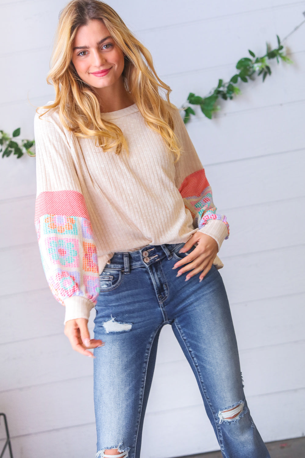 Oatmeal Two-Tone Floral Crochet Print Raglan Bubble Sleeve Top