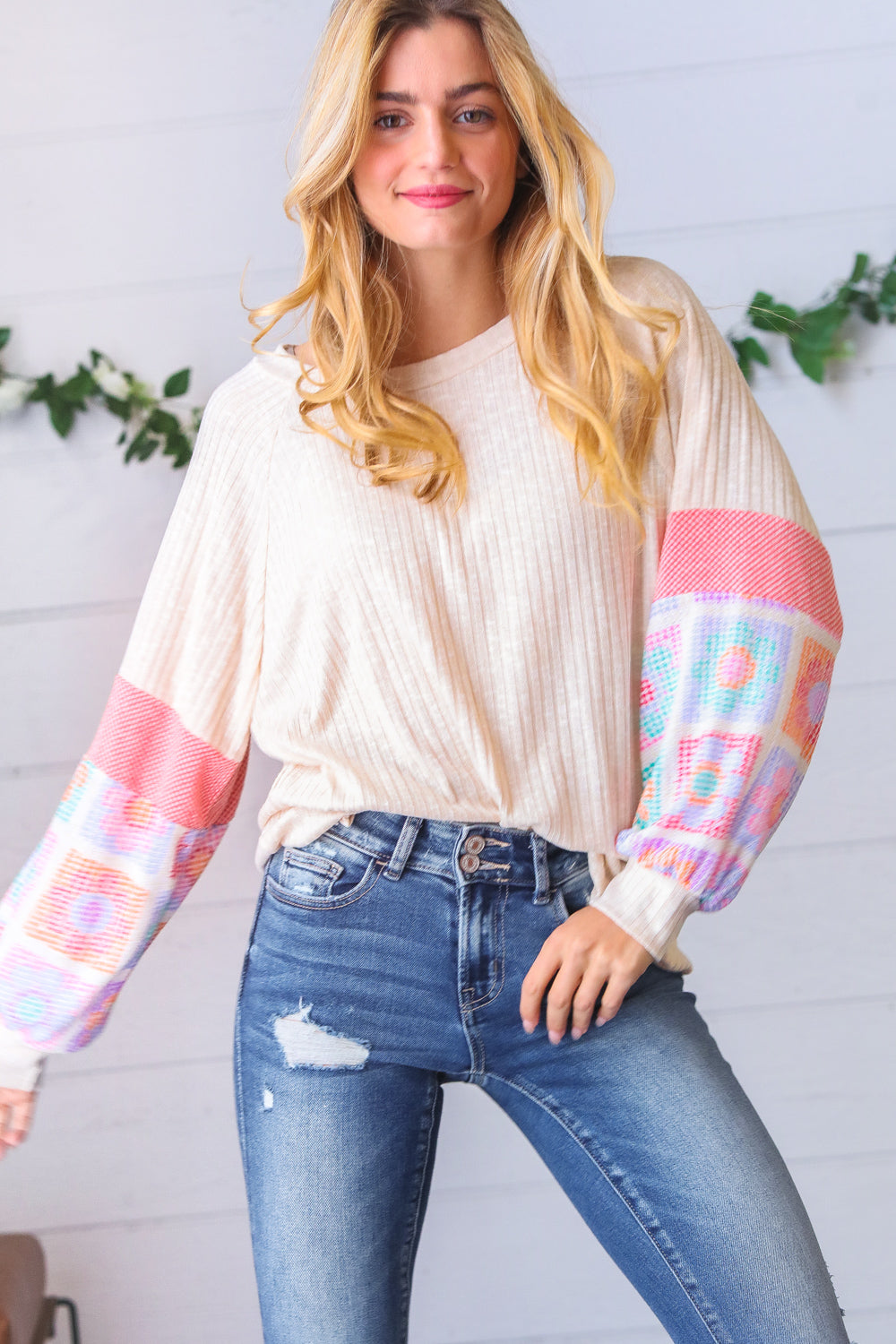 Oatmeal Two-Tone Floral Crochet Print Raglan Bubble Sleeve Top