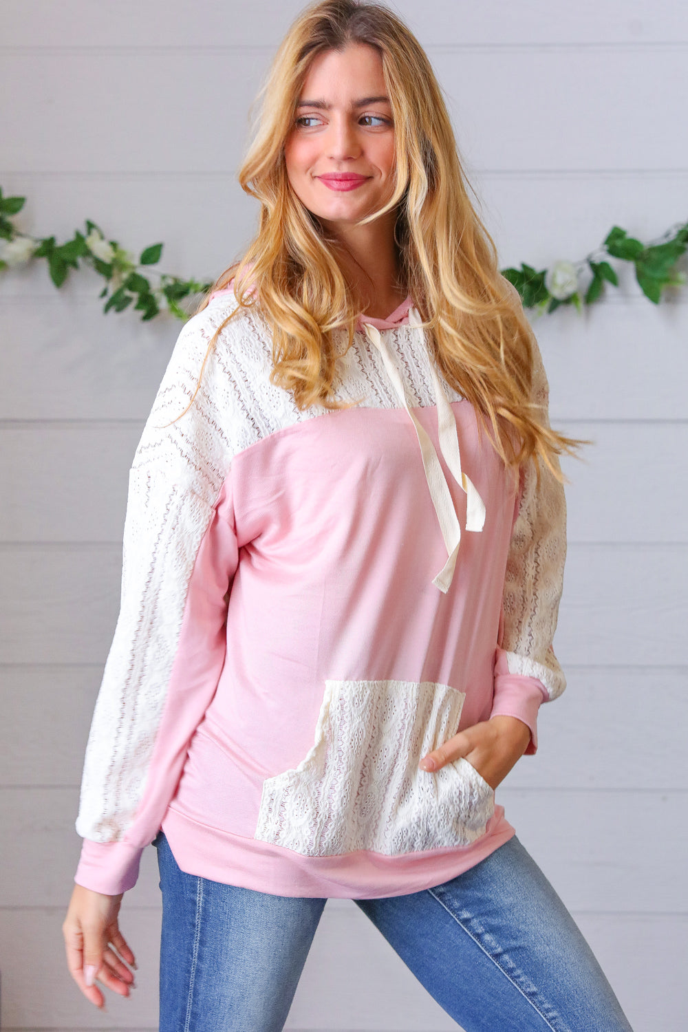 Blush Ivory Eyelet Lace Color Block Pullover Hoodie