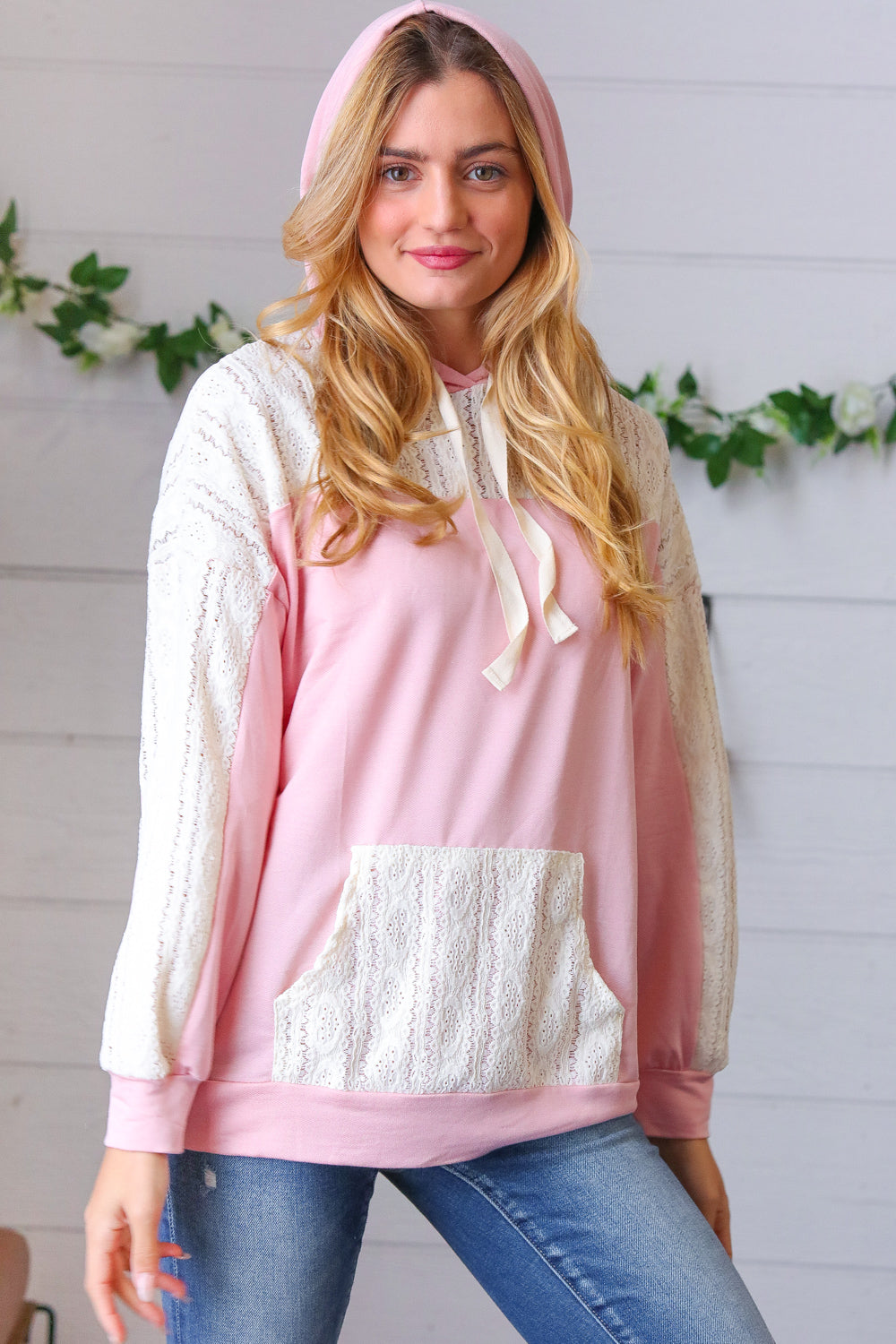 Blush Ivory Eyelet Lace Color Block Pullover Hoodie