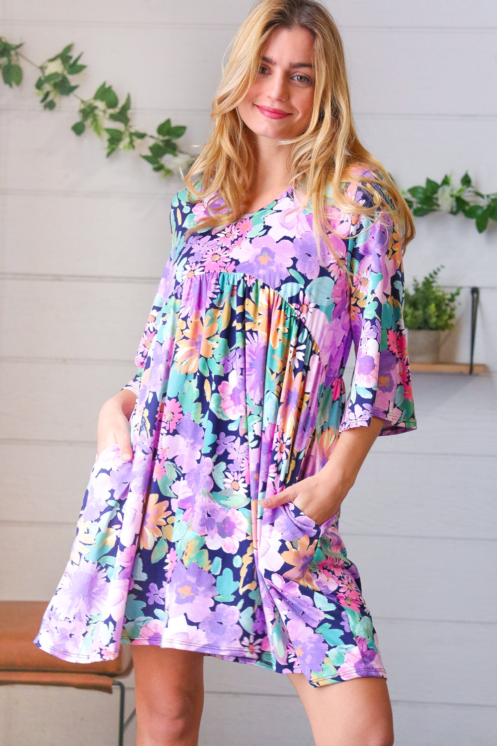 Mint Floral Babydoll Bell Sleeve Pocketed Dress