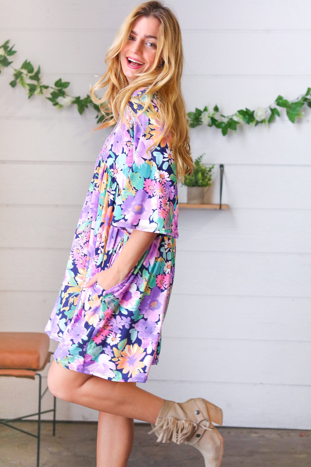 Mint Floral Babydoll Bell Sleeve Pocketed Dress