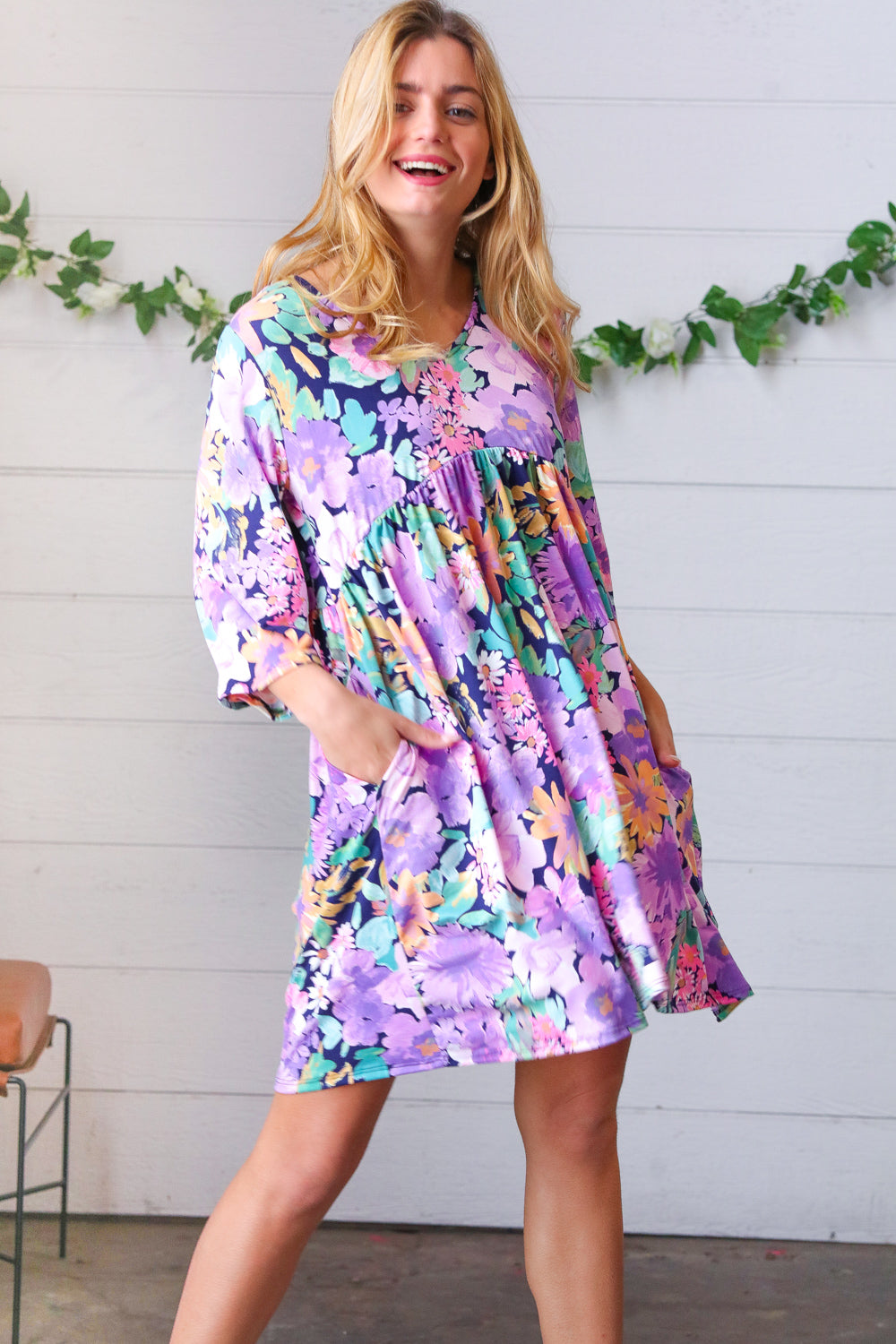 Mint Floral Babydoll Bell Sleeve Pocketed Dress