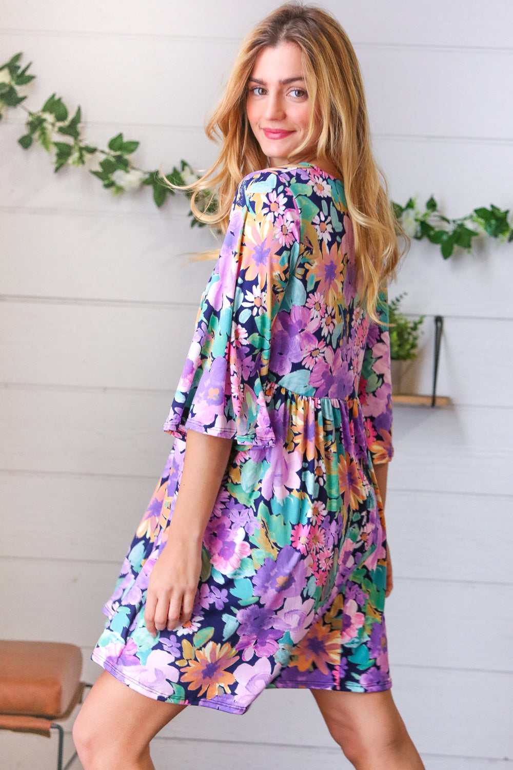 Mint Floral Babydoll Bell Sleeve Pocketed Dress